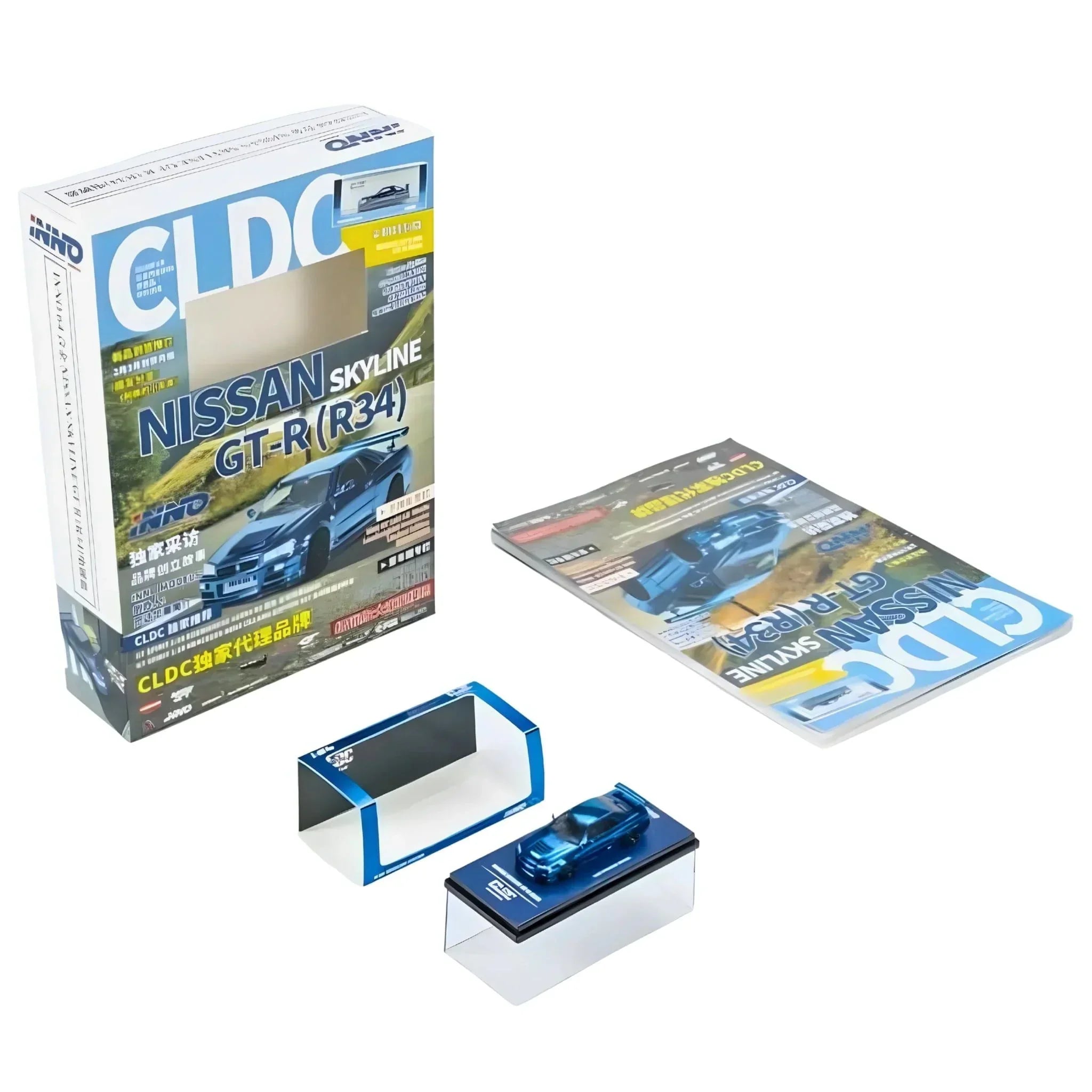 Premium scale diecast model car – *PRE-ORDER* Skyline GT-R R34 CLDC Magazine Edition,1:64 Scale (Chrome Blue) Collectible