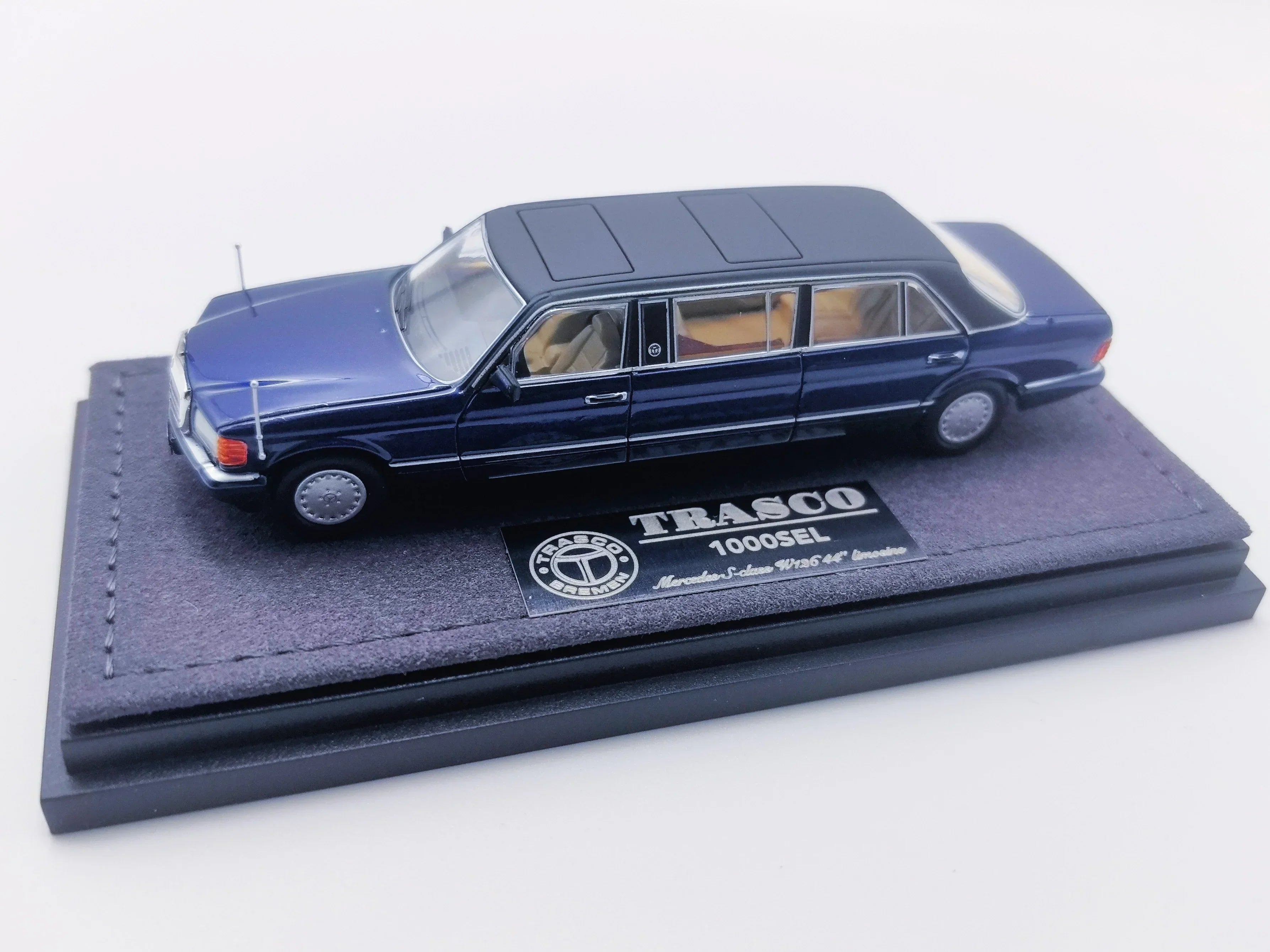 Premium scale diecast model car – *HEC 2026* Mercedes S-Class W126 44" Limosine Trasco 1000SEL, 1:64 Scale (Blue) Collectible