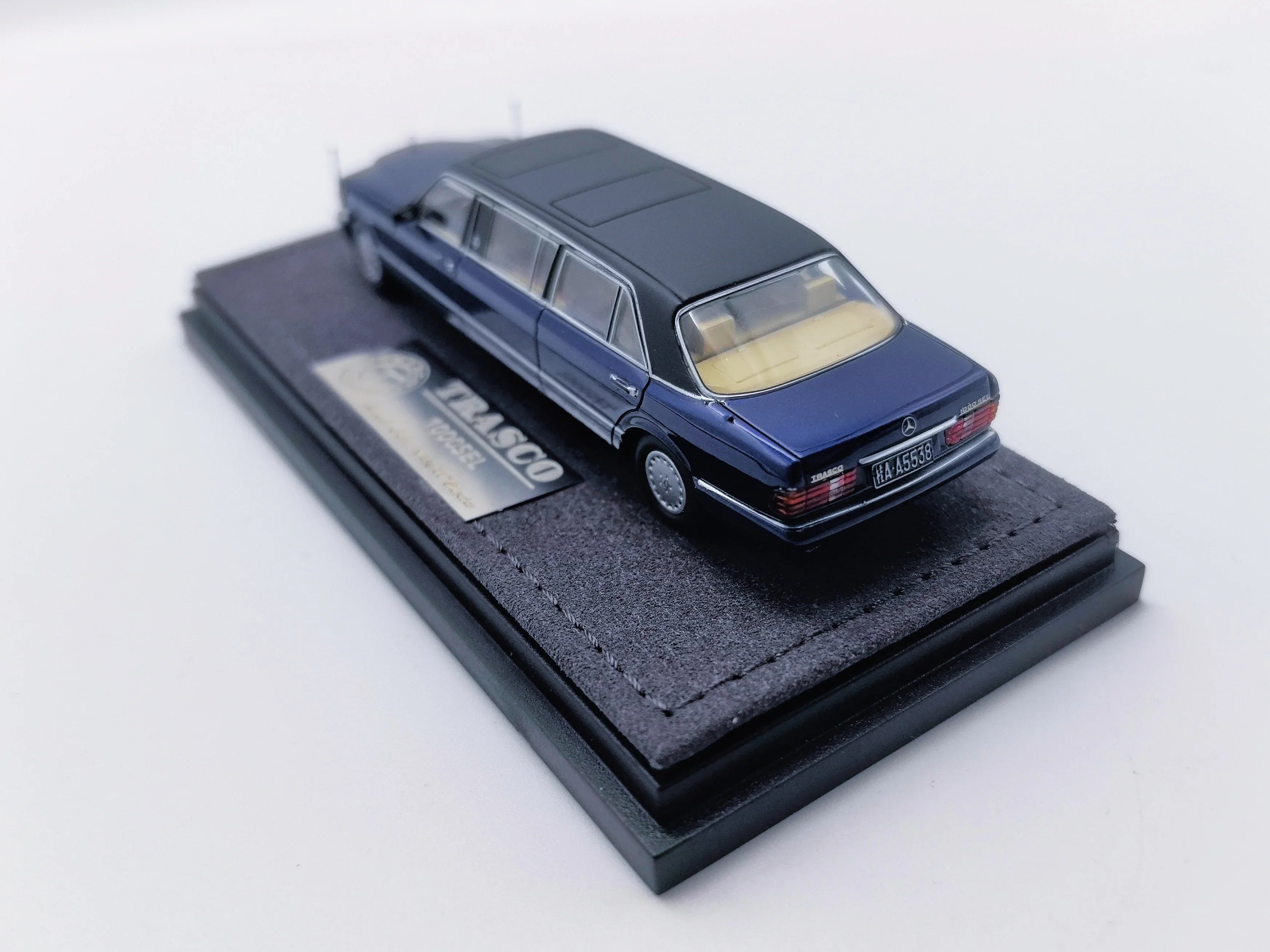 Premium scale diecast model car – *HEC 2026* Mercedes S-Class W126 44" Limosine Trasco 1000SEL, 1:64 Scale (Blue) Collectible