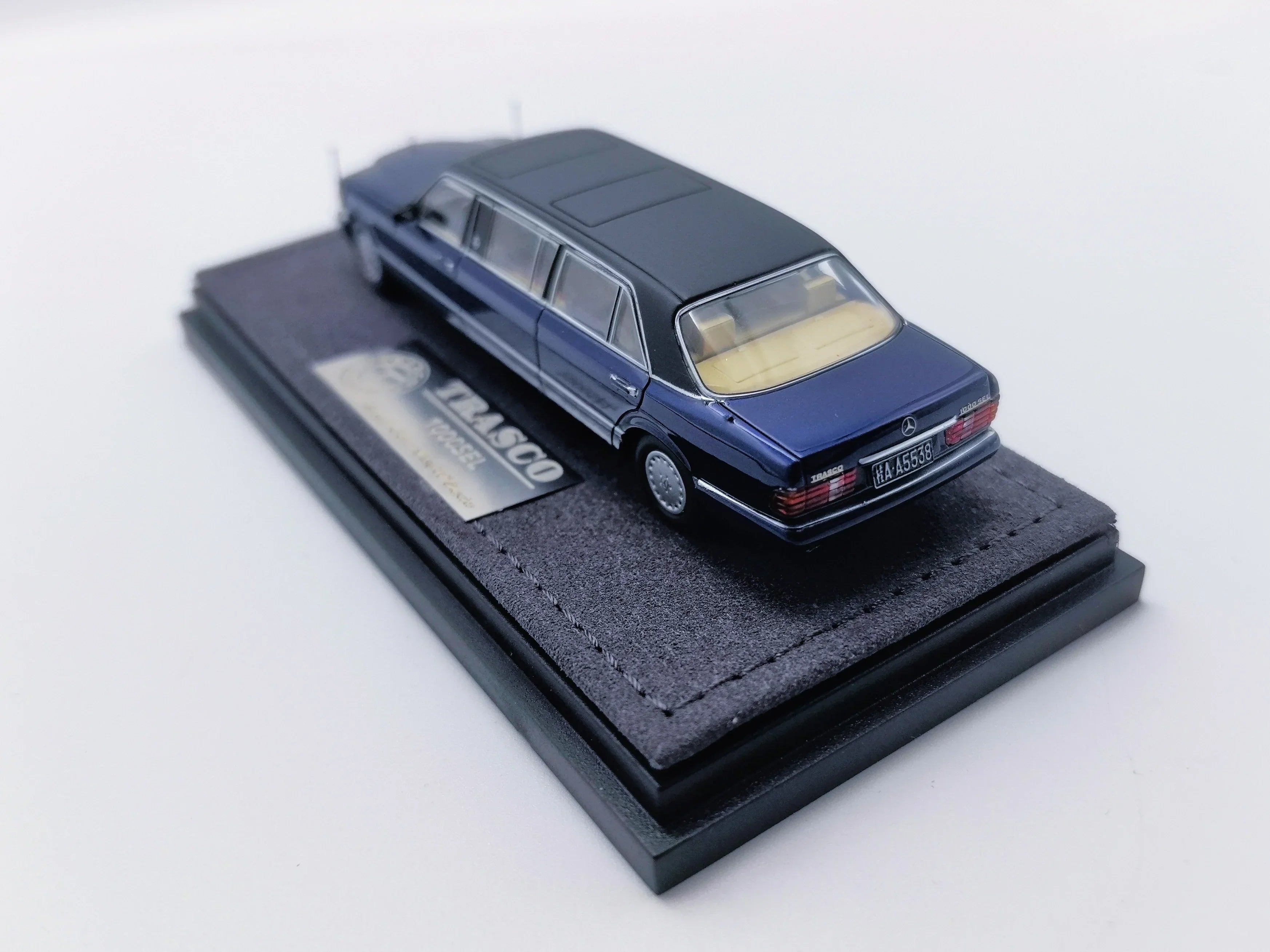 Premium scale diecast model car – *HEC 2026* Mercedes S-Class W126 44" Limosine Trasco 1000SEL, 1:64 Scale (Blue) Collectible