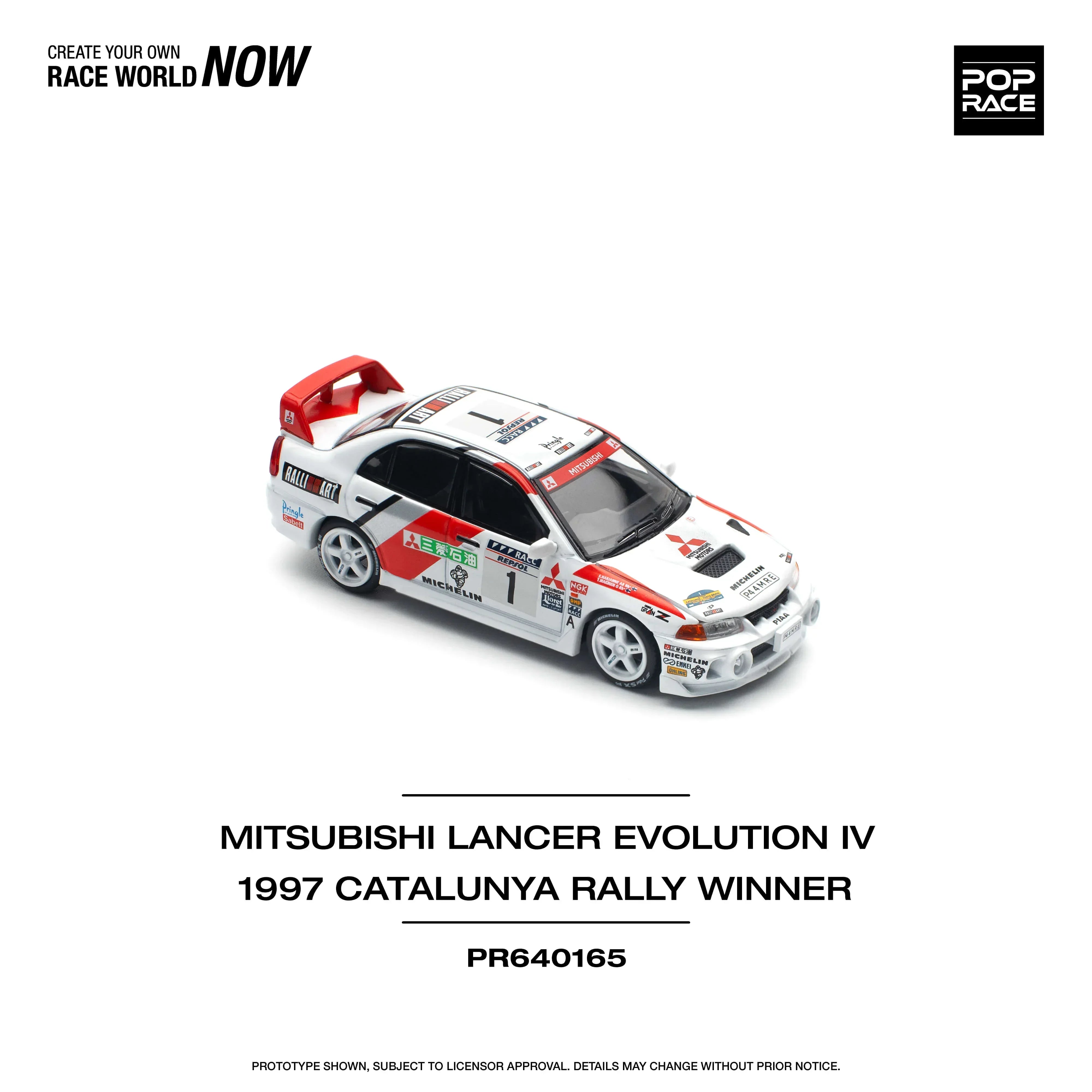 Premium scale diecast model car – Mitsubishi Lancer Evolution IV 1997 Catalunya Rally Winner, 1:64 Scale (White) Collectible