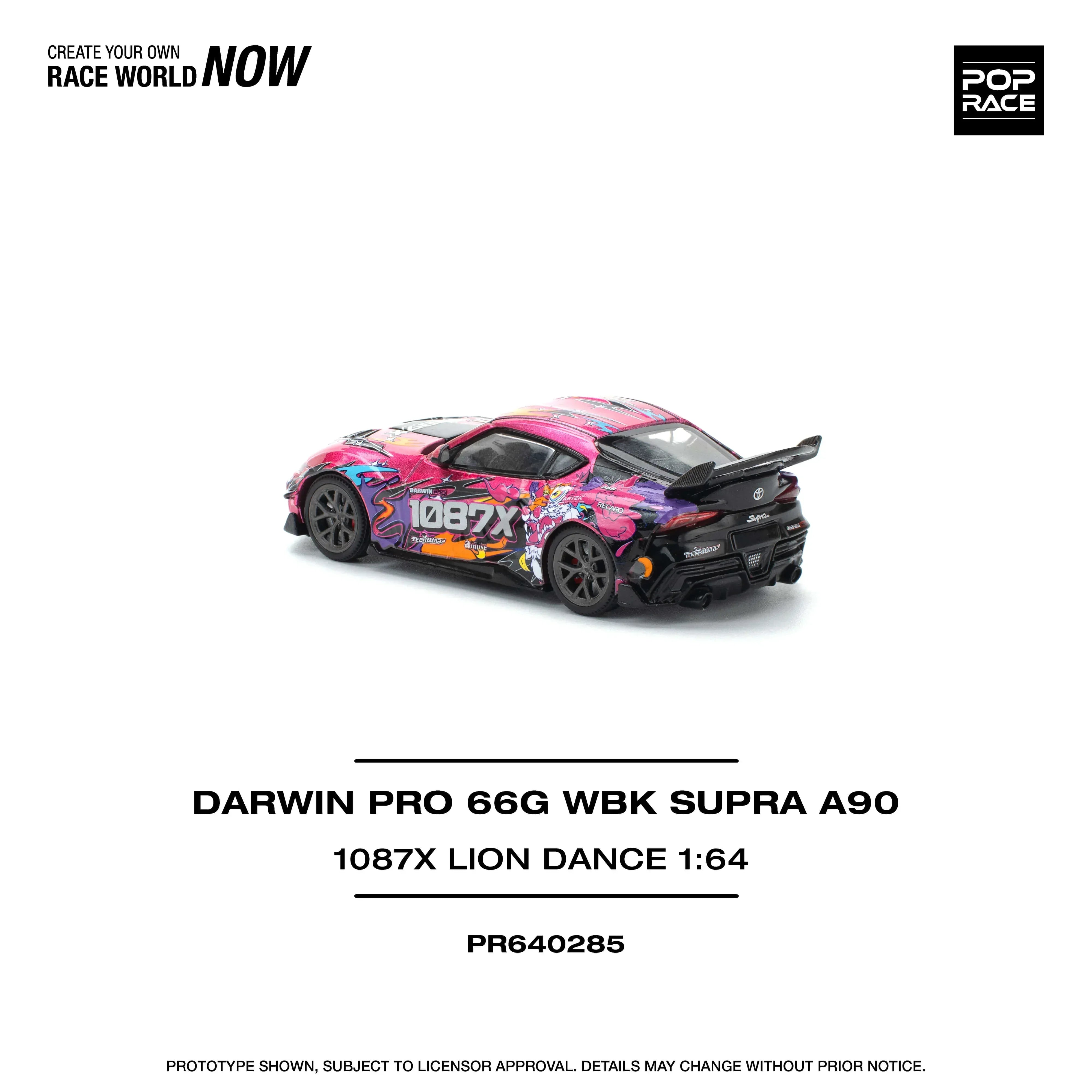 Premium scale diecast model car – Darwin Pro 66G Wbk Supra A 90-1087X Lion Dance, 1:64 Scale (Pink) Collectible