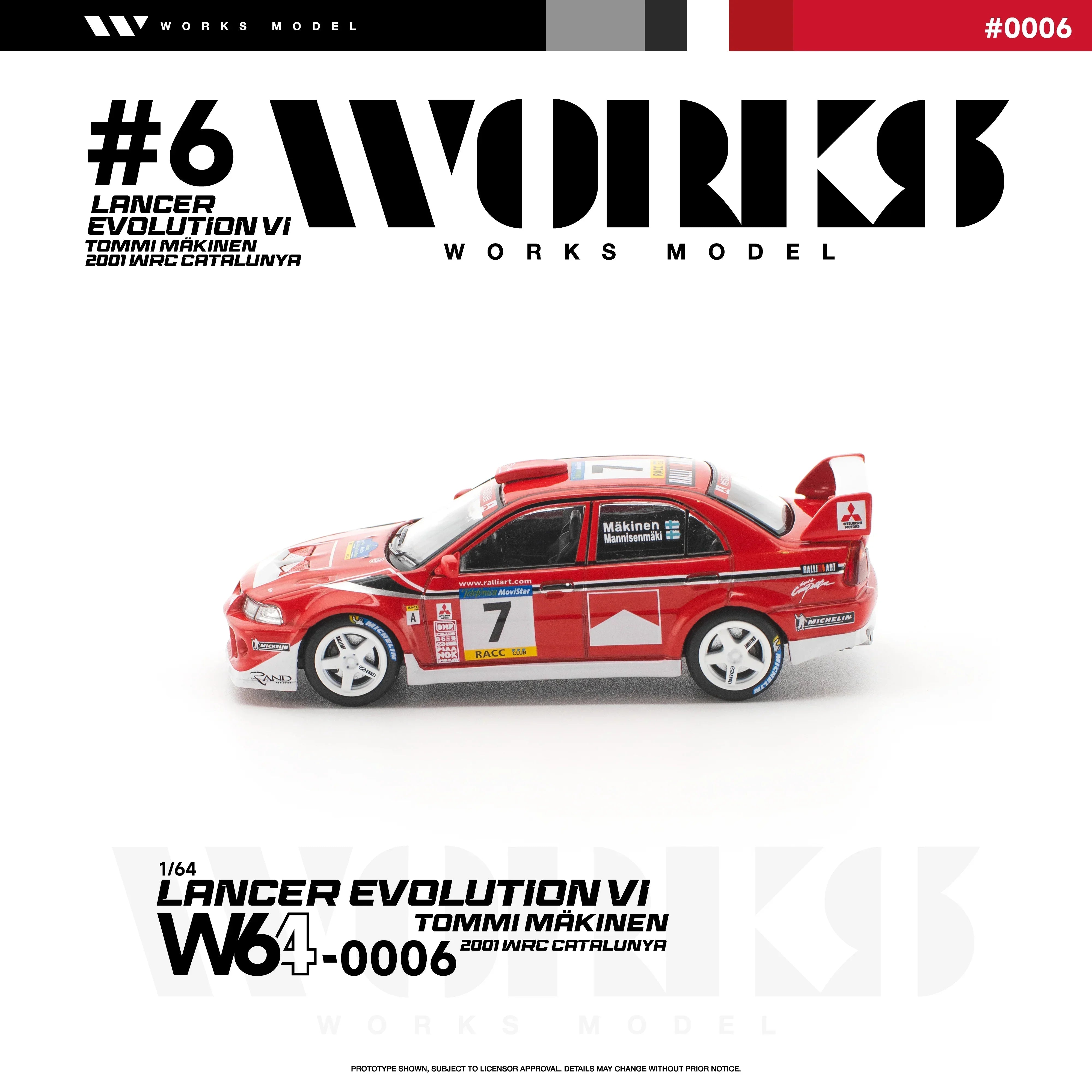 Premium scale diecast model car – *PRE-ORDER* Mitsubishi Lancer Evolution Vi Tommi Makinen 2001 WRC Catalunya, 1:64 Scale Collectible