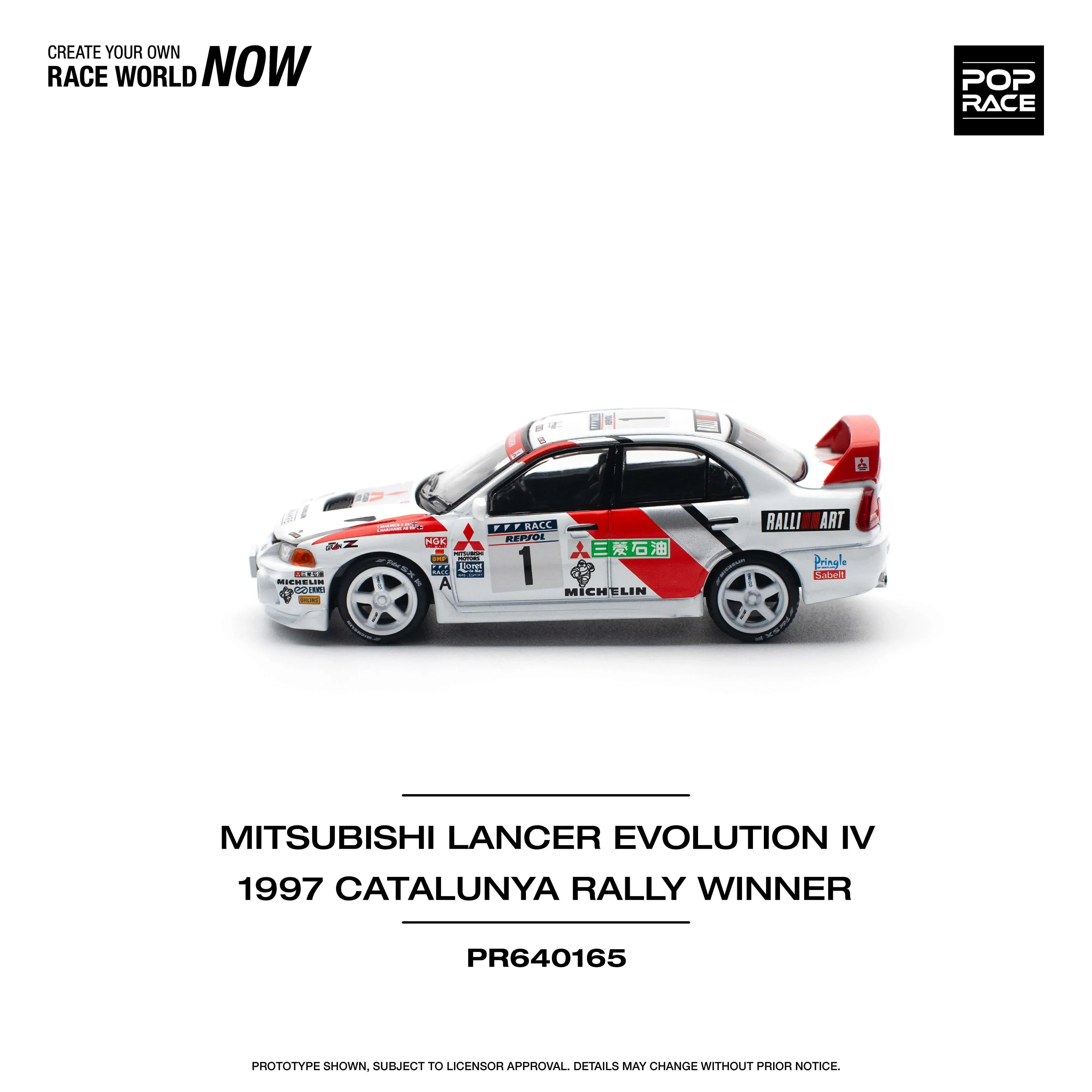 Premium scale diecast model car – Mitsubishi Lancer Evolution IV 1997 Catalunya Rally Winner, 1:64 Scale (White) Collectible
