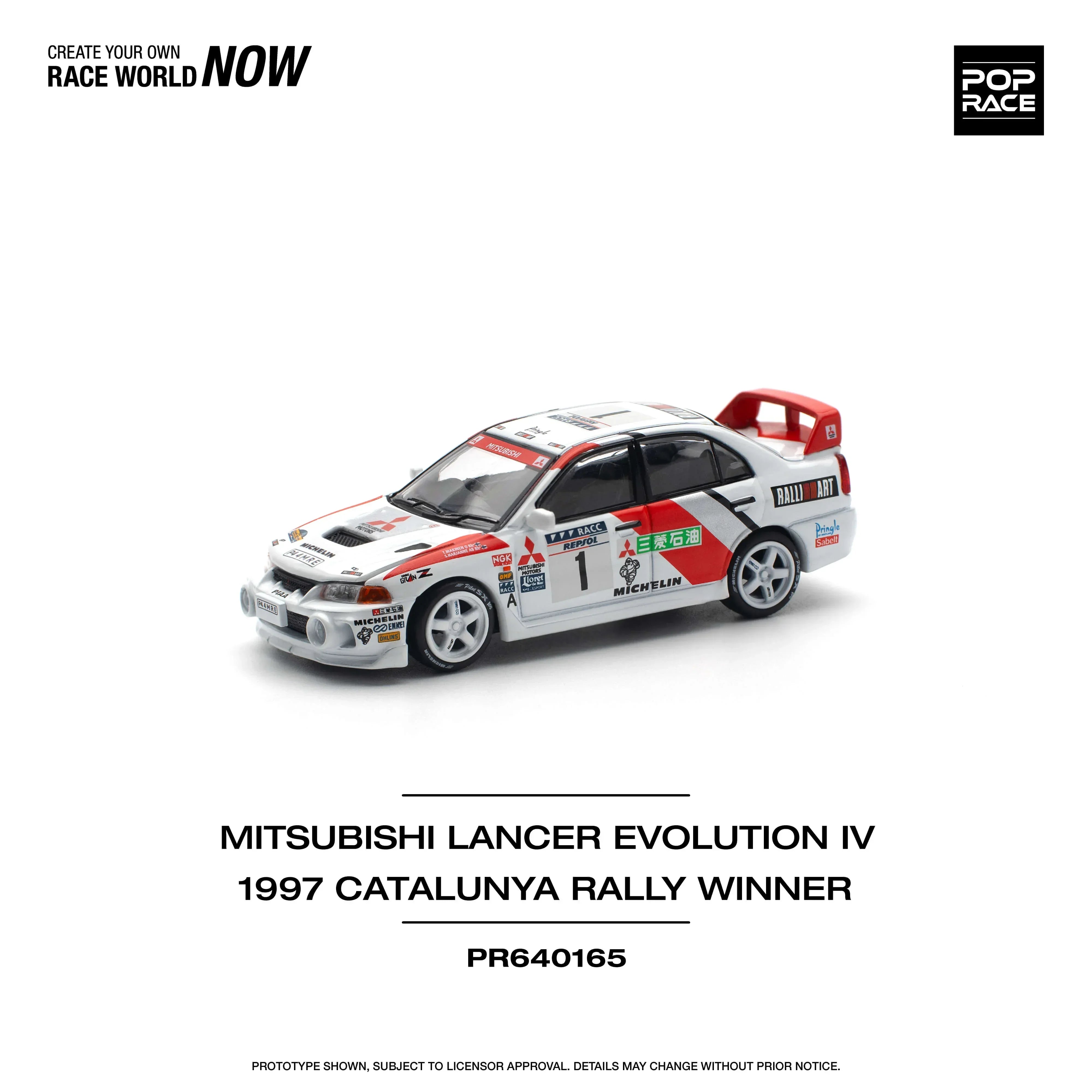 Premium scale diecast model car – Mitsubishi Lancer Evolution IV 1997 Catalunya Rally Winner, 1:64 Scale (White) Collectible