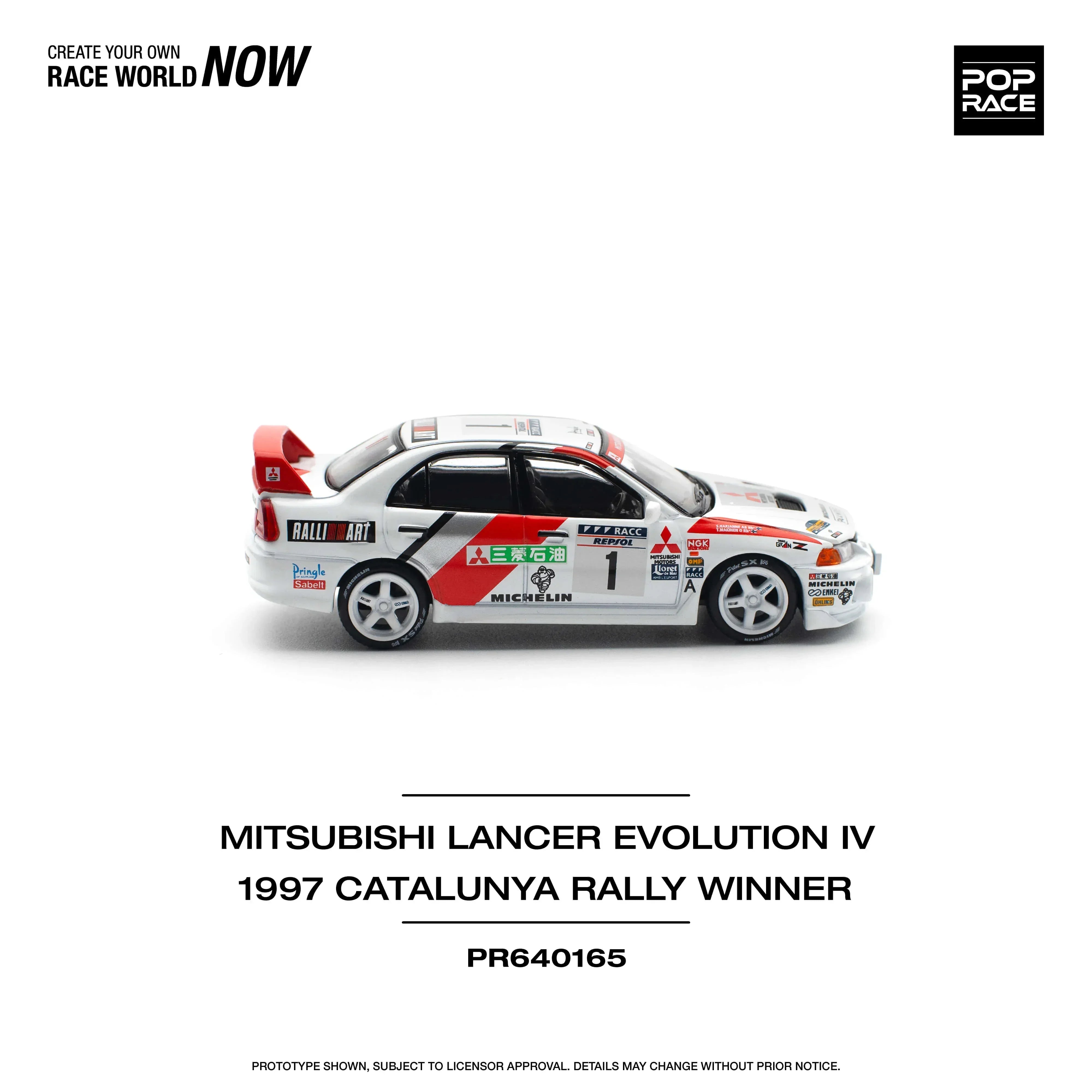 Premium scale diecast model car – Mitsubishi Lancer Evolution IV 1997 Catalunya Rally Winner, 1:64 Scale (White) Collectible