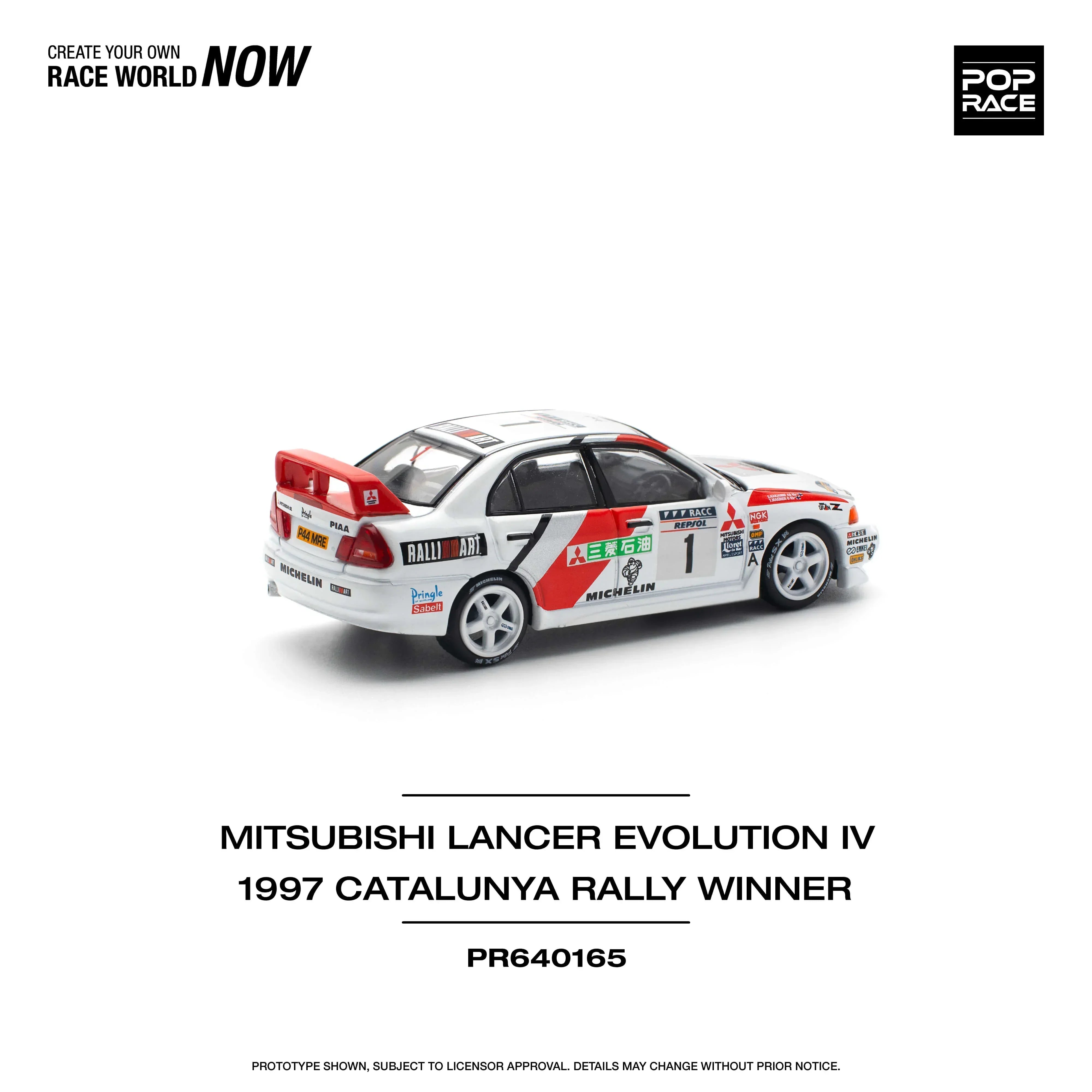 Premium scale diecast model car – Mitsubishi Lancer Evolution IV 1997 Catalunya Rally Winner, 1:64 Scale (White) Collectible
