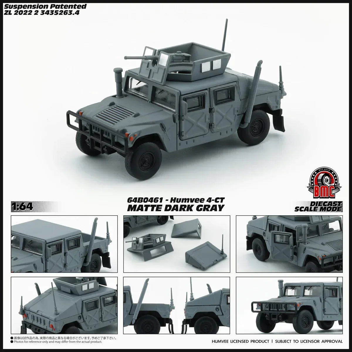 Premium scale diecast model car – Humvee 4-CT with Stand Plate, 1:64 Scale (Matte Dark Gray) Collectible