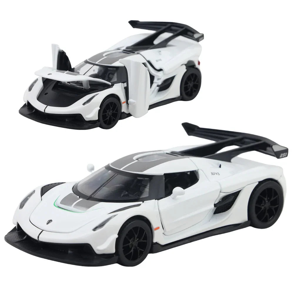 Premium scale diecast model car – Koenigsegg Jesko Pullback Toy Car - Light, Sound with Openable Doors, 1:32 Scale (White) Collectible