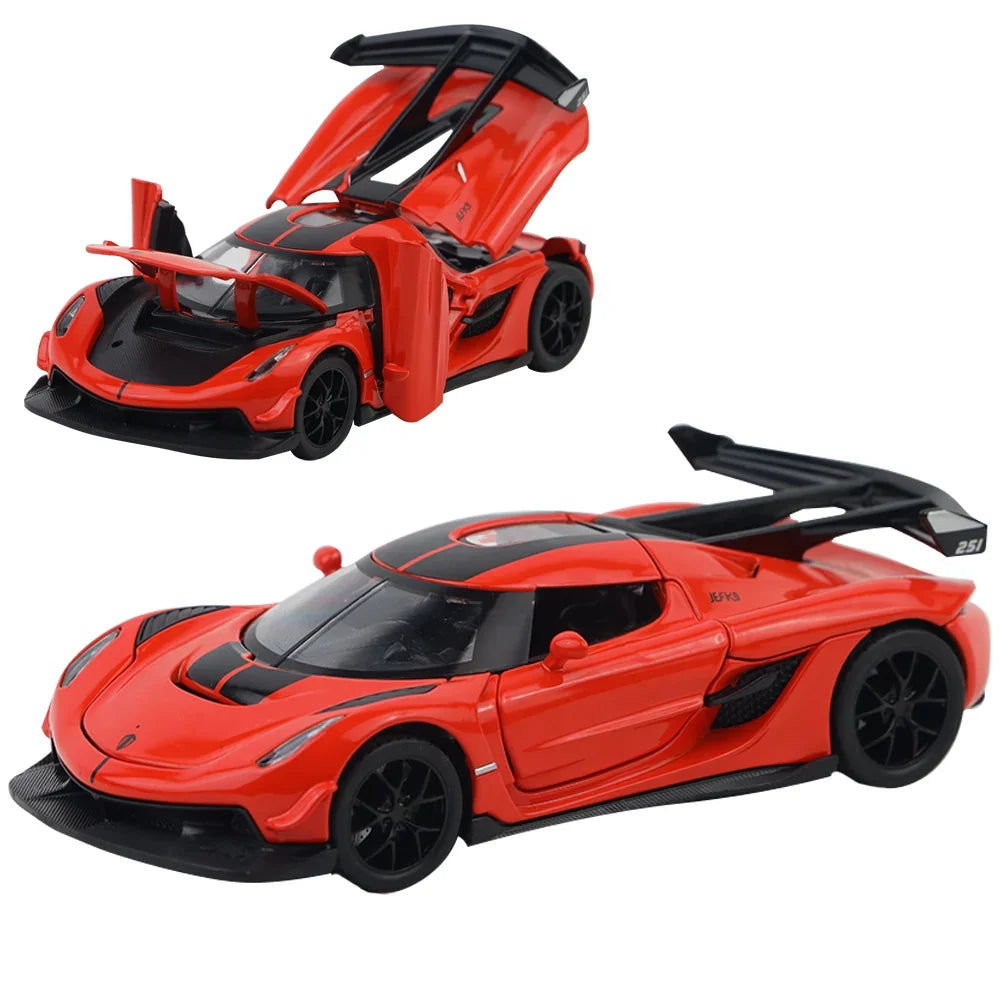 Premium scale diecast model car – Koenigsegg Jesko Pullback Toy Car - Light, Sound with Openable Doors, 1:32 Scale (Red) Collectible