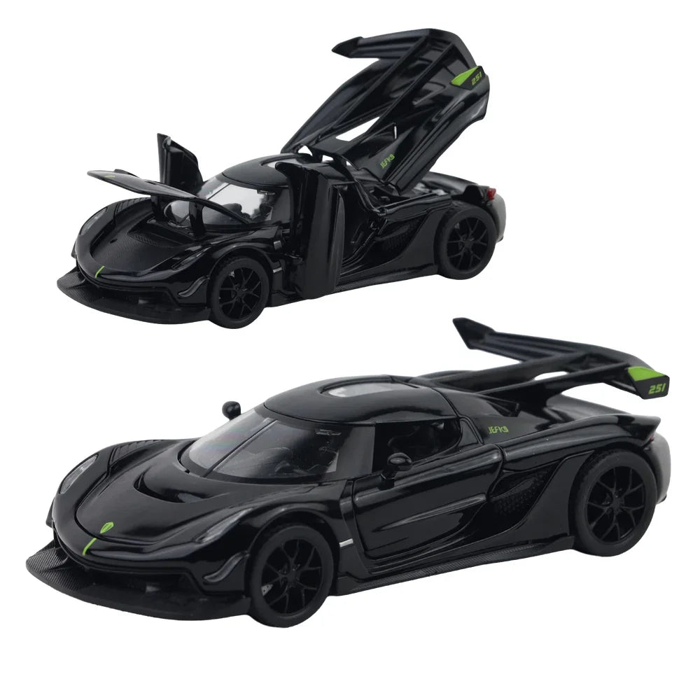 Premium scale diecast model car – Koenigsegg Jesko Pullback Toy Car - Light, Sound with Openable Doors, 1:32 Scale (Black) Collectible