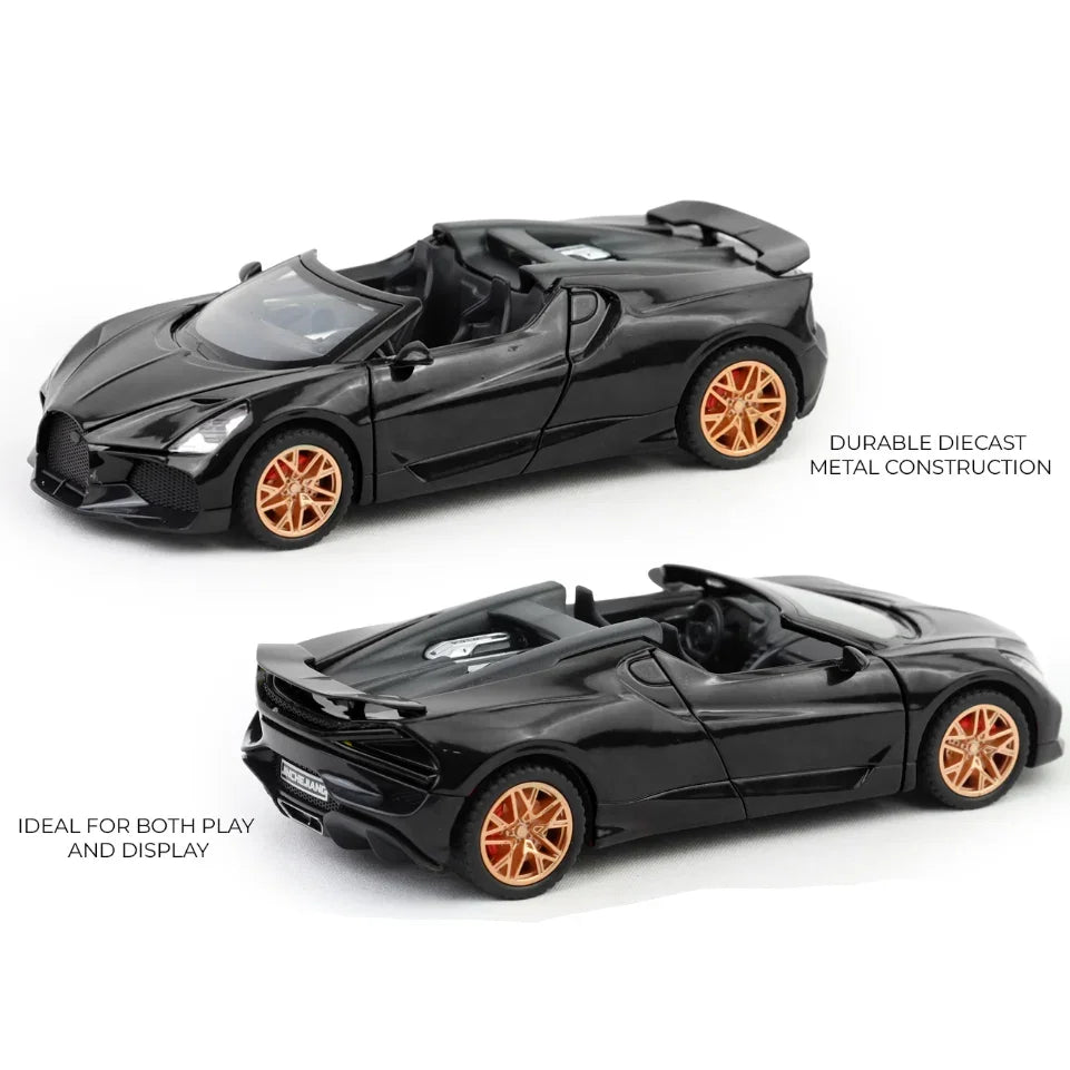 Premium scale diecast model car – Bugatti Mistral - Light, Sound with Openable Doors, 1:32 Scale (Black) Collectible