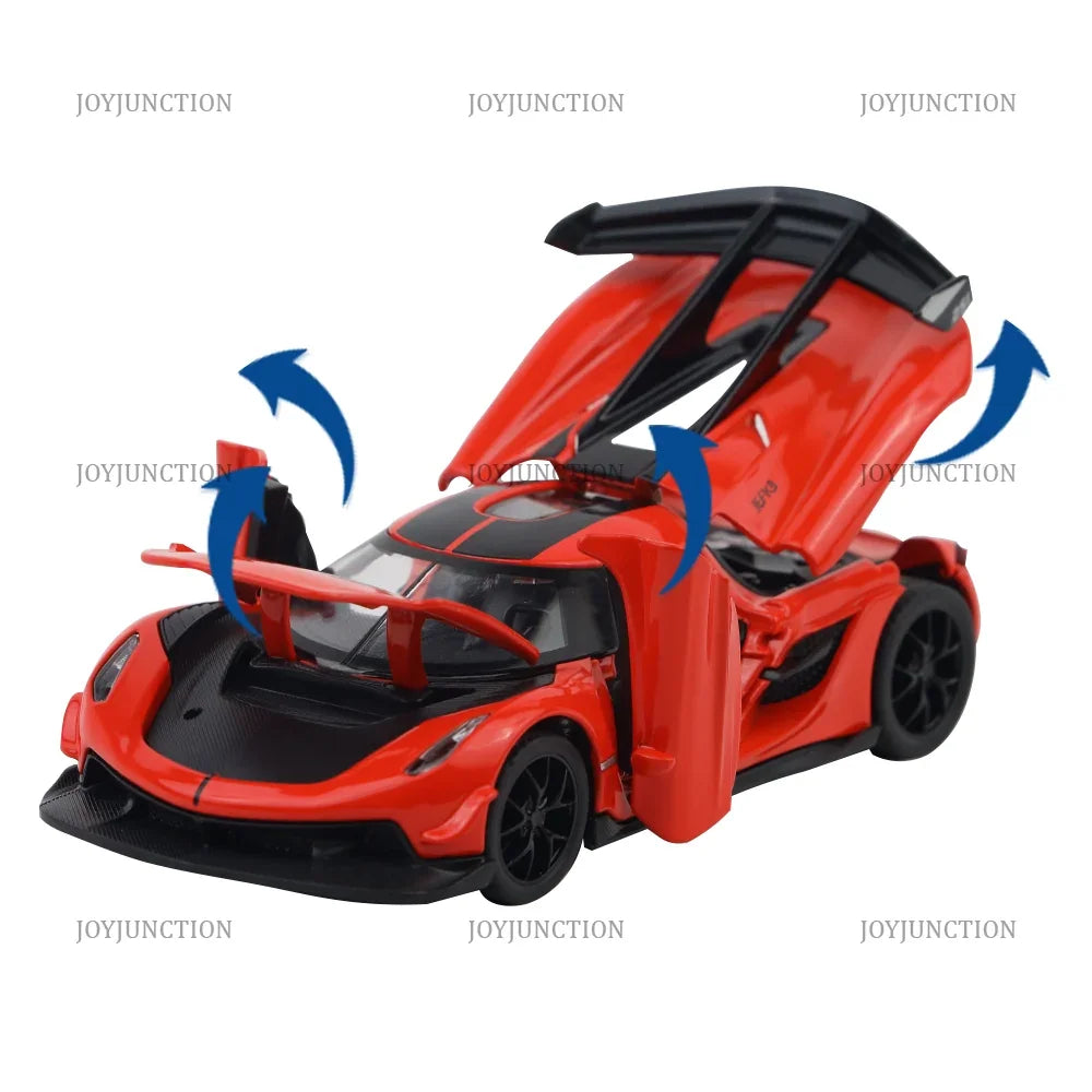 Premium scale diecast model car – Koenigsegg Jesko Pullback Toy Car - Light, Sound with Openable Doors, 1:32 Scale (Red) Collectible