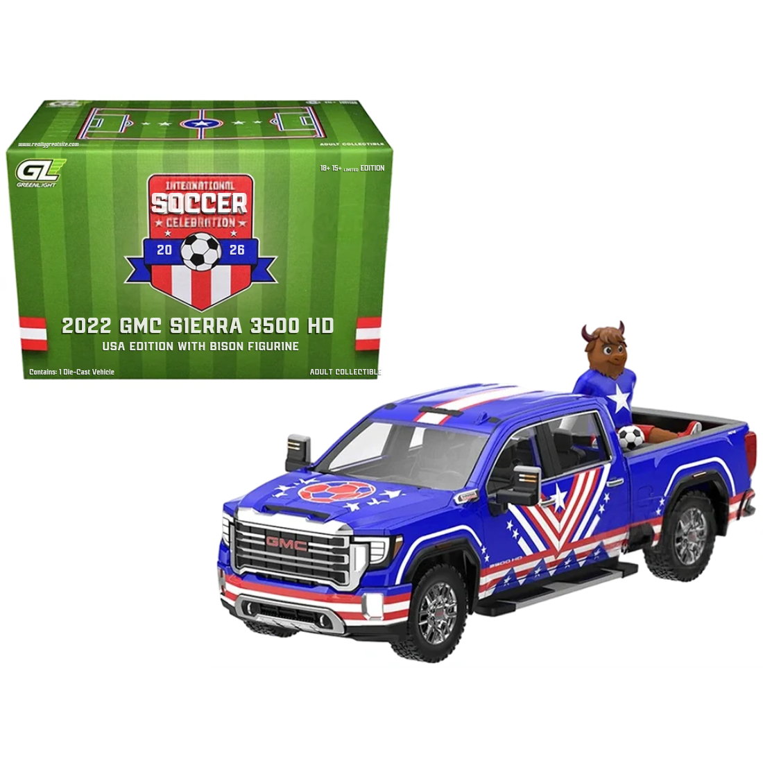 *PRE-ORDER* GMC Sierra 3500 HD Pickup Truck Blue with American Soccer Graphics with Bison Figure 2022, 1:64 Scale