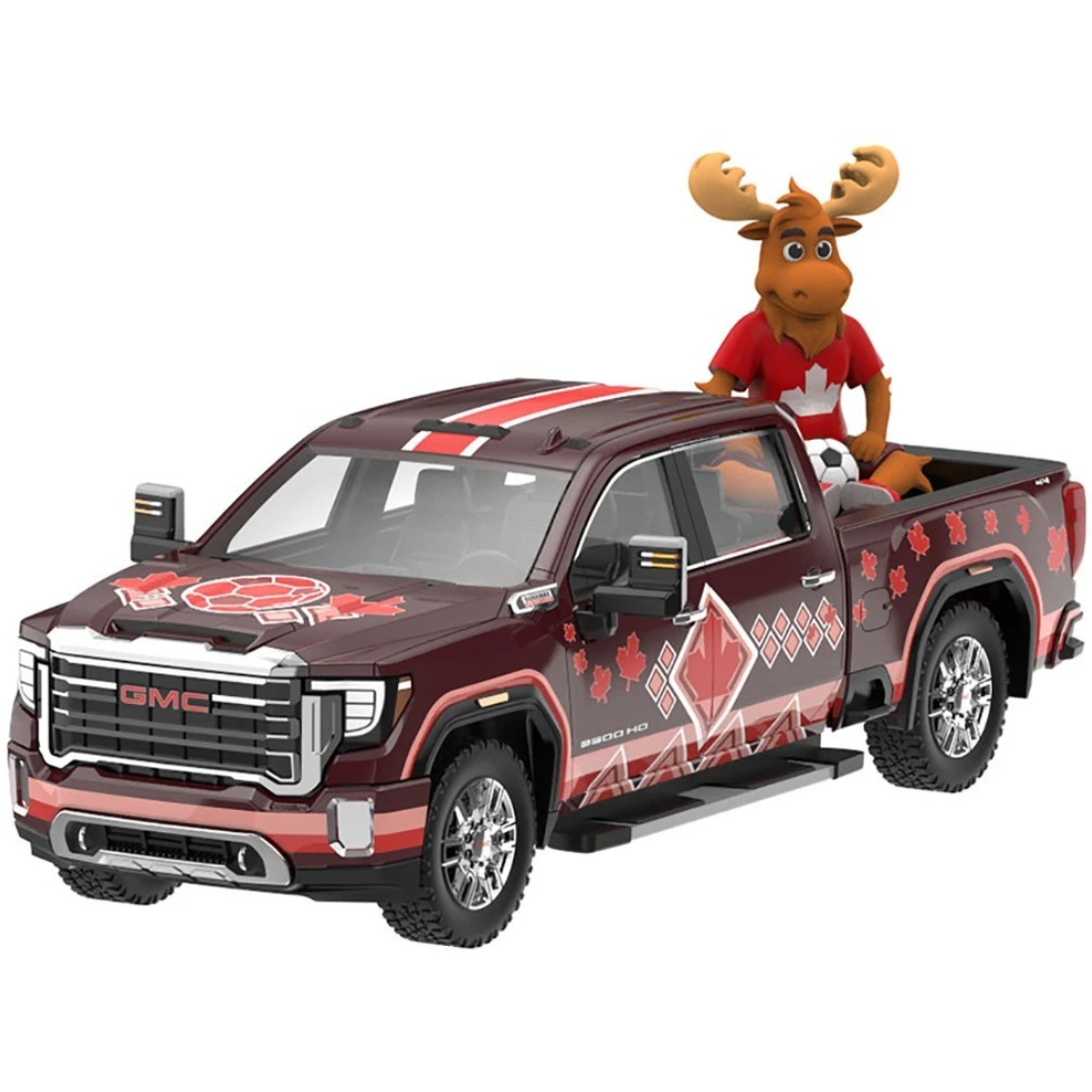 *PRE-ORDER* GMC Sierra 3500 HD Pickup Truck Dark Red with Canadian Soccer Graphics with Moose Figure 2022, 1:64 Scale