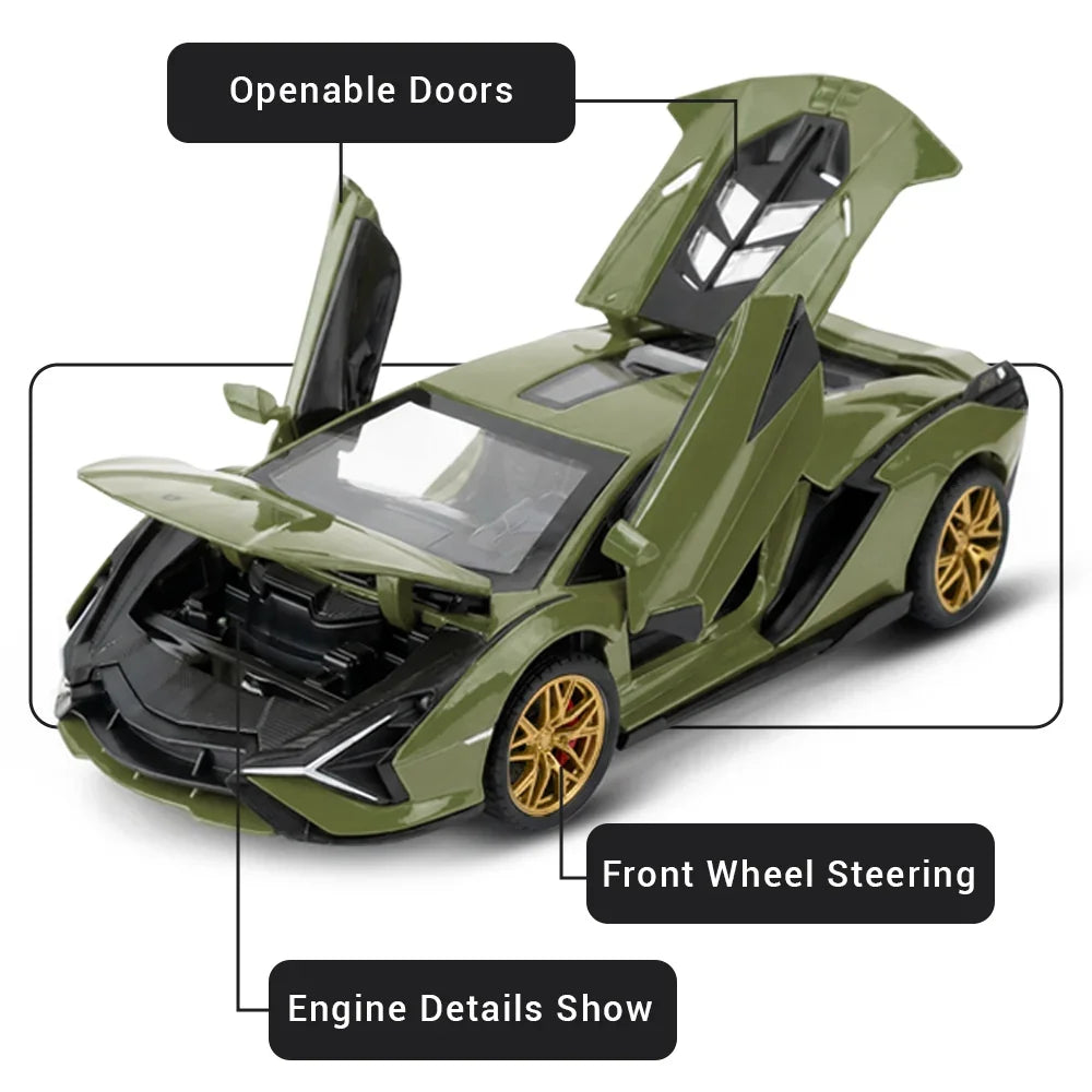 Premium scale diecast model car – Lamborghini - Light, Sound with Openable Doors, 1:24 Scale (Green) Collectible