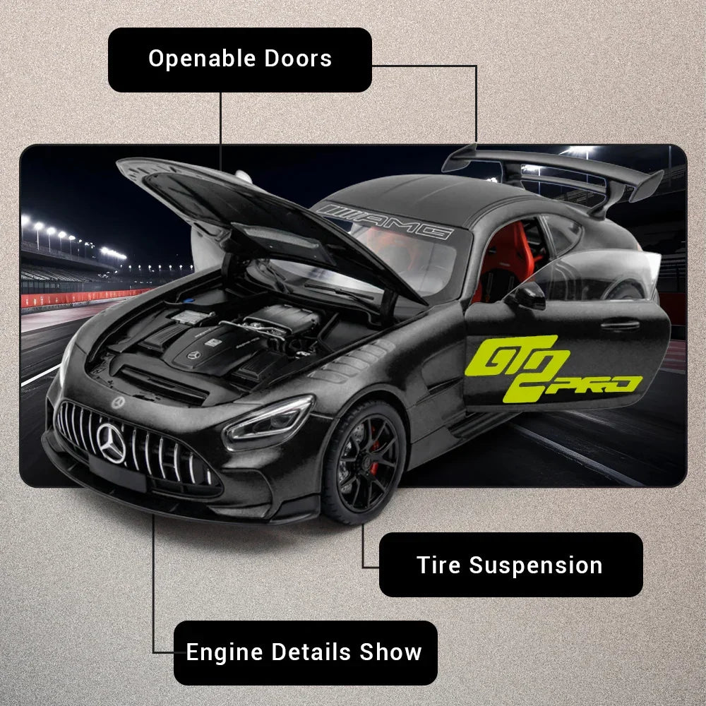 Premium scale diecast model car – Mercedes Benz AMG-GT - Light, Sound with Openable Doors, 1:24 Scale (Black) Collectible