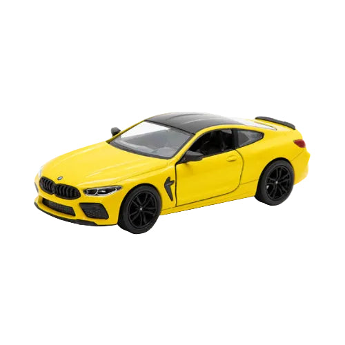A yellow KT5425W – BMW M8 Competition Coupe die-cast model (1:46 scale) with black wheels and roof is shown from a front-side angle on a white background. Part of the Kinsmart Cars collection.