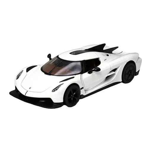 The KT5473W Koenigsegg Jesko Absolut die-cast model in white (1:46 scale) features black accents, tinted windows, and a sleek aerodynamic design, shown from the front on a plain white background.