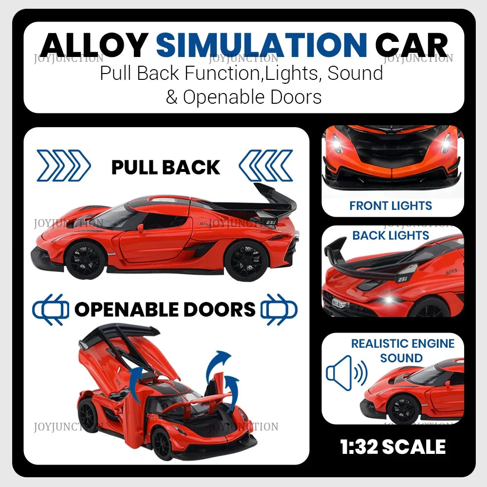Premium scale diecast model car – Koenigsegg Jesko Pullback Toy Car - Light, Sound with Openable Doors, 1:32 Scale (Red) Collectible