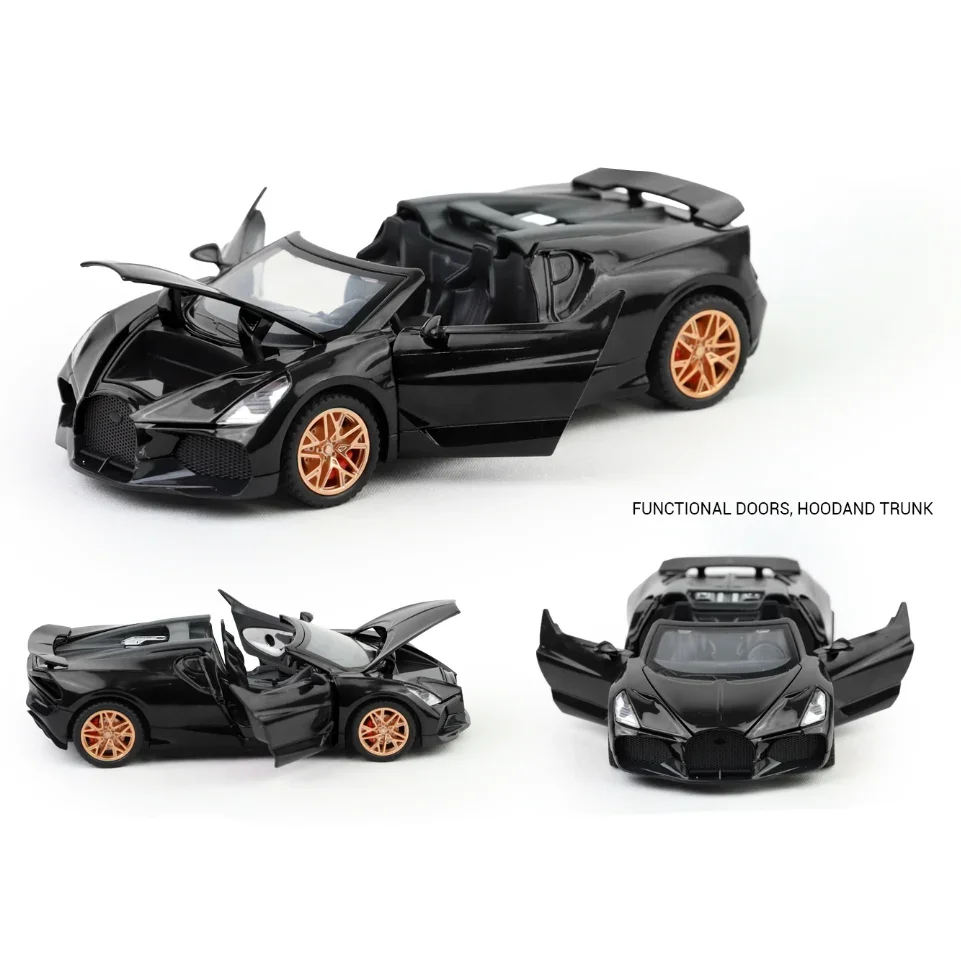 Premium scale diecast model car – Bugatti Mistral - Light, Sound with Openable Doors, 1:32 Scale (Black) Collectible