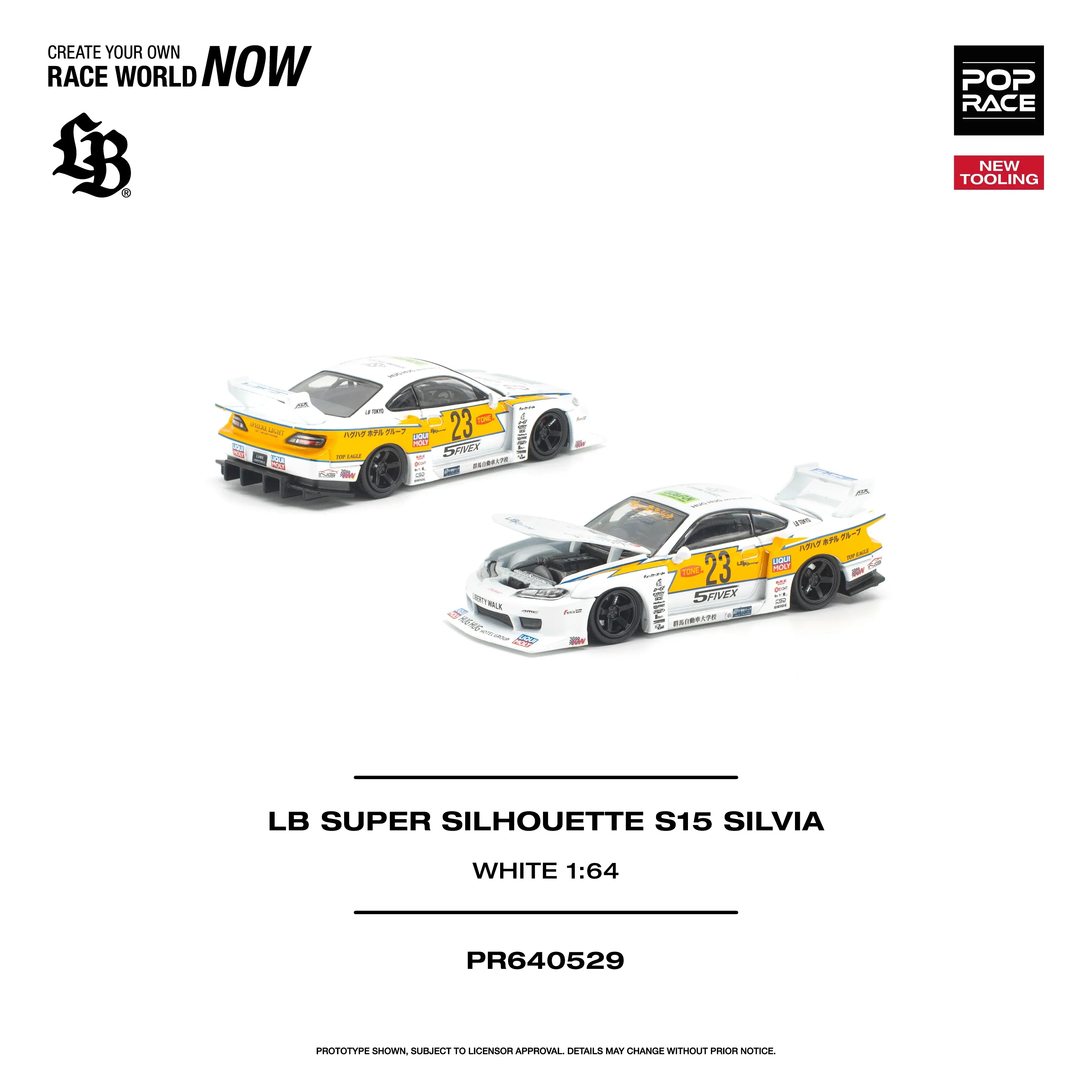 Premium scale diecast model car – *PRE-ORDER* Lb Super Silhouette S15 Silvia (Opening Engine Hood), 1:64 Scale (White) Collectible