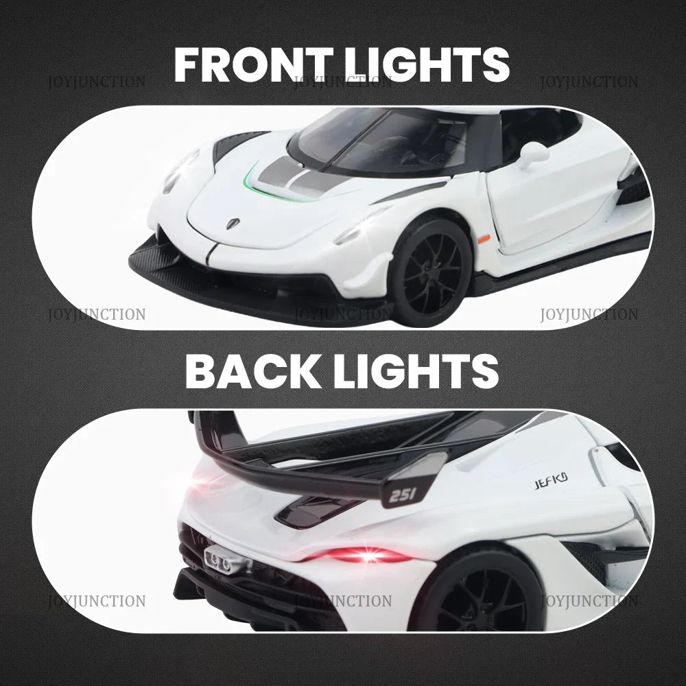 Premium scale diecast model car – Koenigsegg Jesko Pullback Toy Car - Light, Sound with Openable Doors, 1:32 Scale (White) Collectible