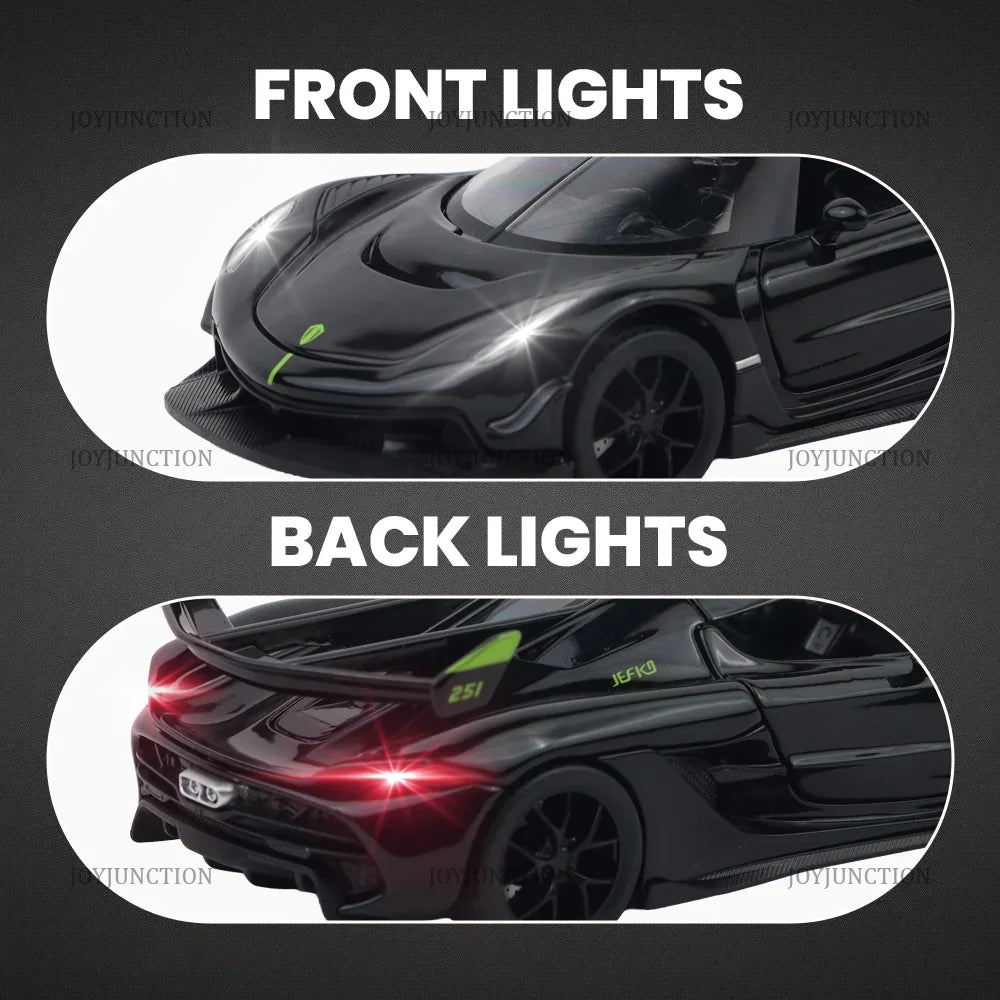Premium scale diecast model car – Koenigsegg Jesko Pullback Toy Car - Light, Sound with Openable Doors, 1:32 Scale (Black) Collectible