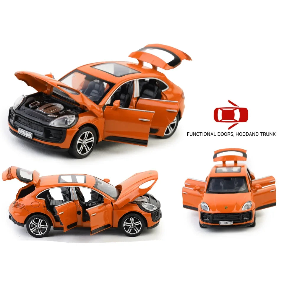 Premium scale diecast model car – Porsche Macan - Light, Sound with Openable Doors, 1:32 Scale (Orange) Collectible