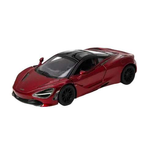 A red KT5403W McLaren 720S die-cast model car in 1:46 scale features a sleek design, black wheels, and tinted windows, viewed from the front-left angle against a white background—showcasing Kinsmart Cars' craftsmanship.