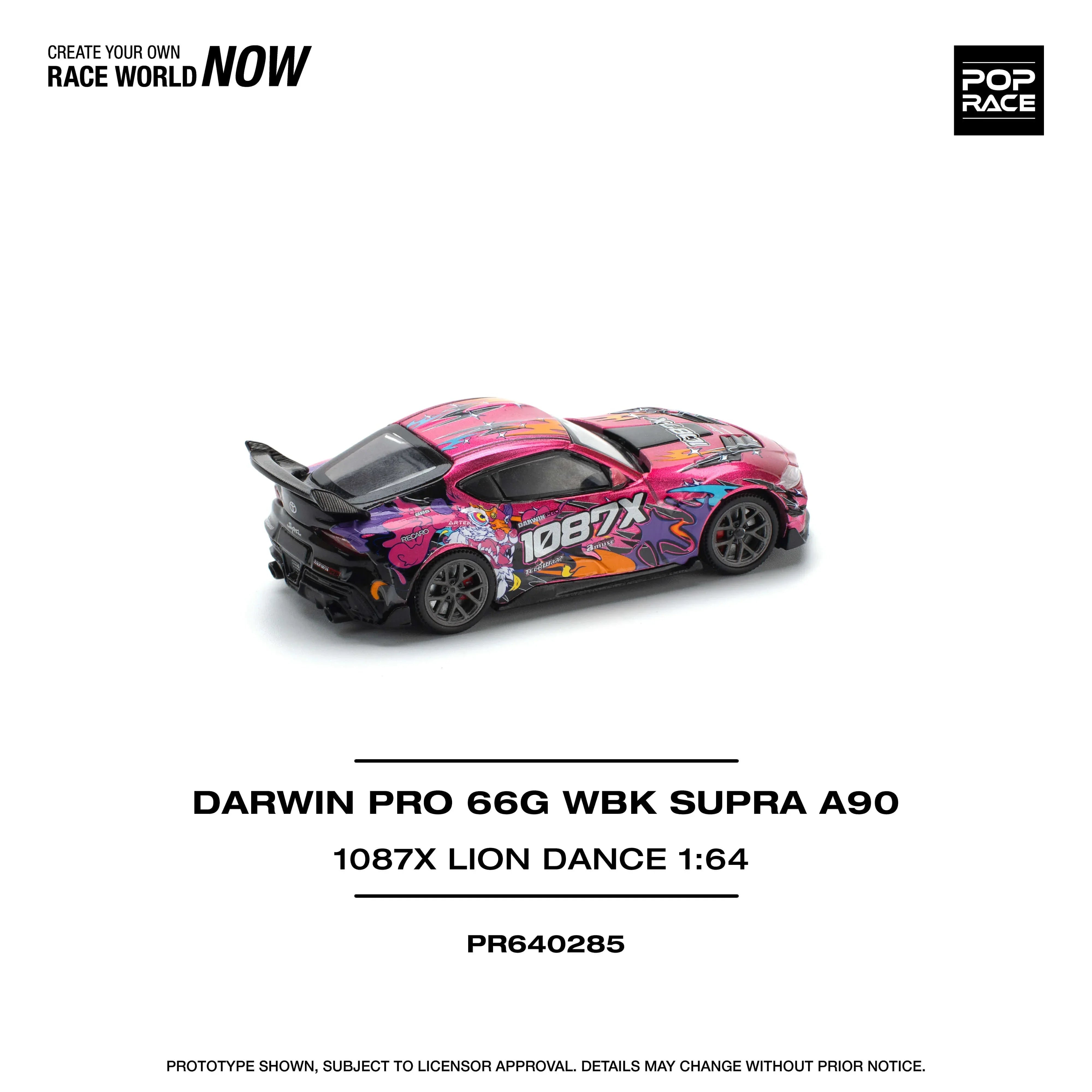 Premium scale diecast model car – Darwin Pro 66G Wbk Supra A 90-1087X Lion Dance, 1:64 Scale (Pink) Collectible