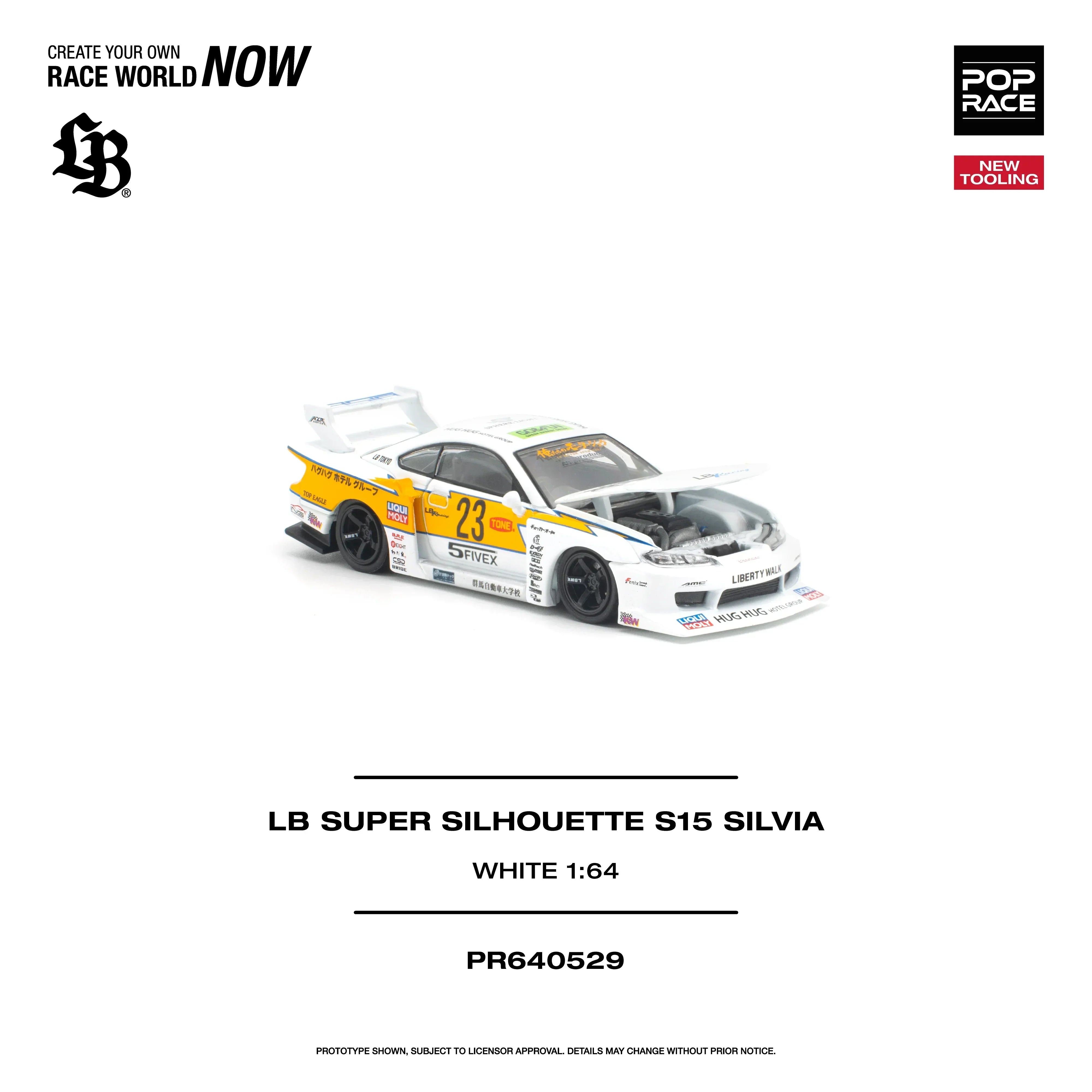 Premium scale diecast model car – *PRE-ORDER* Lb Super Silhouette S15 Silvia (Opening Engine Hood), 1:64 Scale (White) Collectible