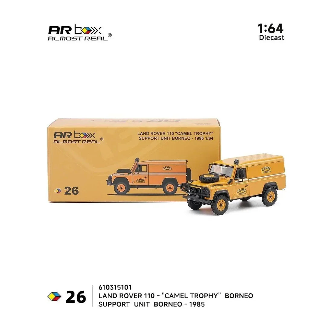 Premium scale diecast model car – *PRE-ORDER* Land Rover 110 "Camel Trophy" Support Unit Borneo-1985, 1:64 Scale Collectible