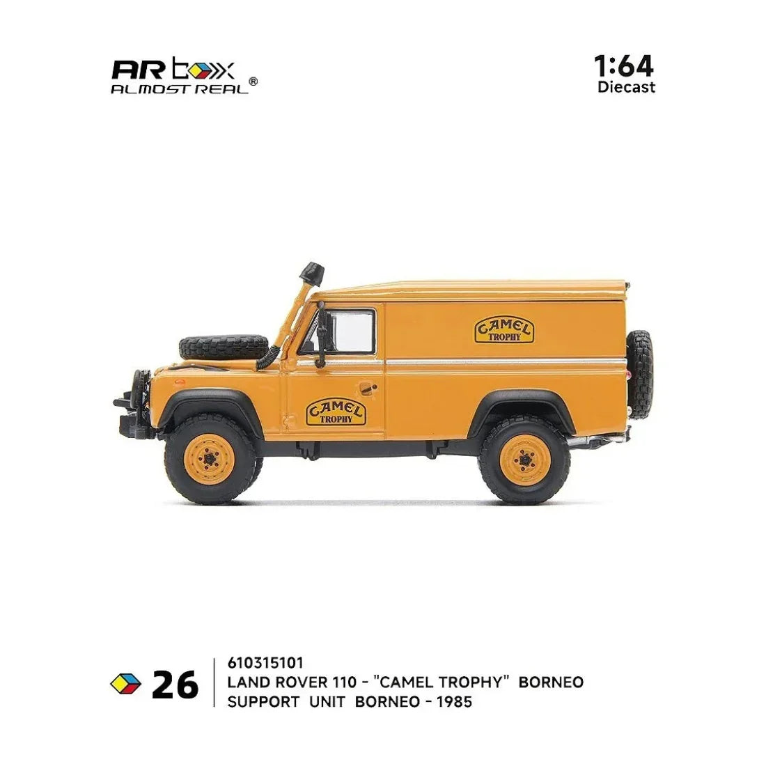 Premium scale diecast model car – *PRE-ORDER* Land Rover 110 "Camel Trophy" Support Unit Borneo-1985, 1:64 Scale Collectible