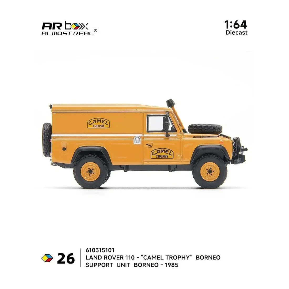Premium scale diecast model car – *PRE-ORDER* Land Rover 110 "Camel Trophy" Support Unit Borneo-1985, 1:64 Scale Collectible