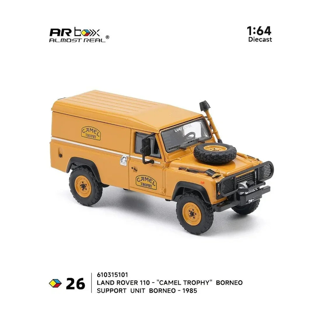 Premium scale diecast model car – *PRE-ORDER* Land Rover 110 "Camel Trophy" Support Unit Borneo-1985, 1:64 Scale Collectible
