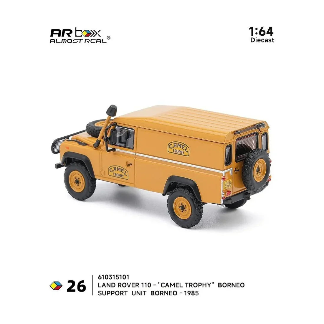 Premium scale diecast model car – *PRE-ORDER* Land Rover 110 "Camel Trophy" Support Unit Borneo-1985, 1:64 Scale Collectible