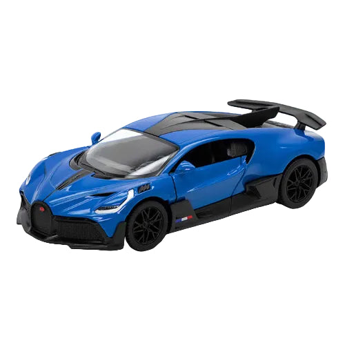 The KT5442W – Bugatti Divo | Blue | 1:46 features a blue and black aerodynamic design, black wheels, large rear spoiler, and an open driver-side door—ideal for Kinsmart Cars collectors.