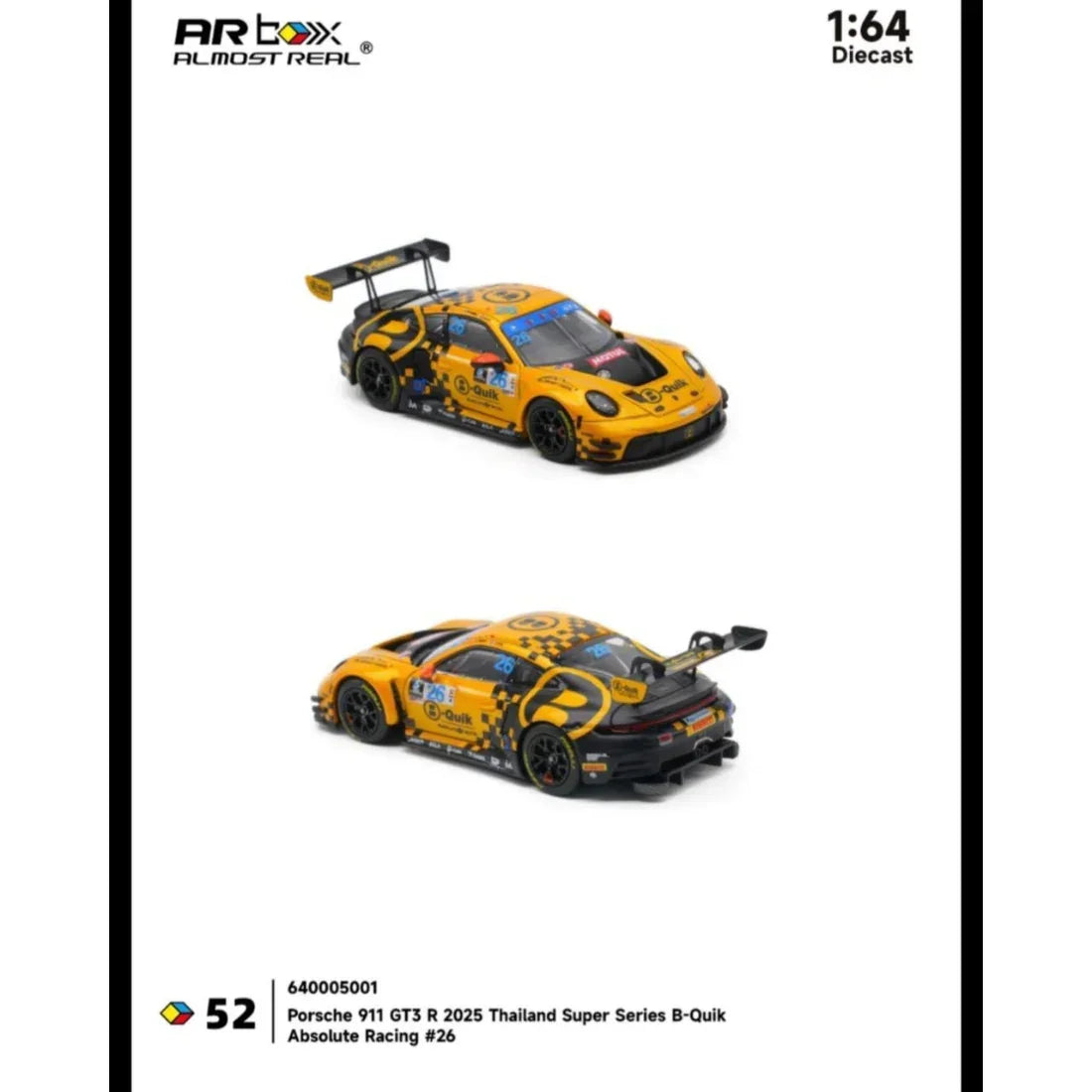 Premium scale diecast model car – *TDE 2026* Porsche 911 GT3 R 2025 Thailand Super Series B-Quik Absolute Racing #26 Livery (Chance of Chase Car), 1:64 Scale Collectible