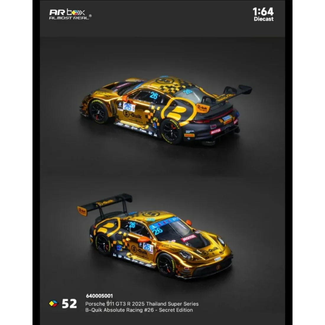 Premium scale diecast model car – *TDE 2026* Porsche 911 GT3 R 2025 Thailand Super Series B-Quik Absolute Racing #26 Livery (Chance of Chase Car), 1:64 Scale Collectible