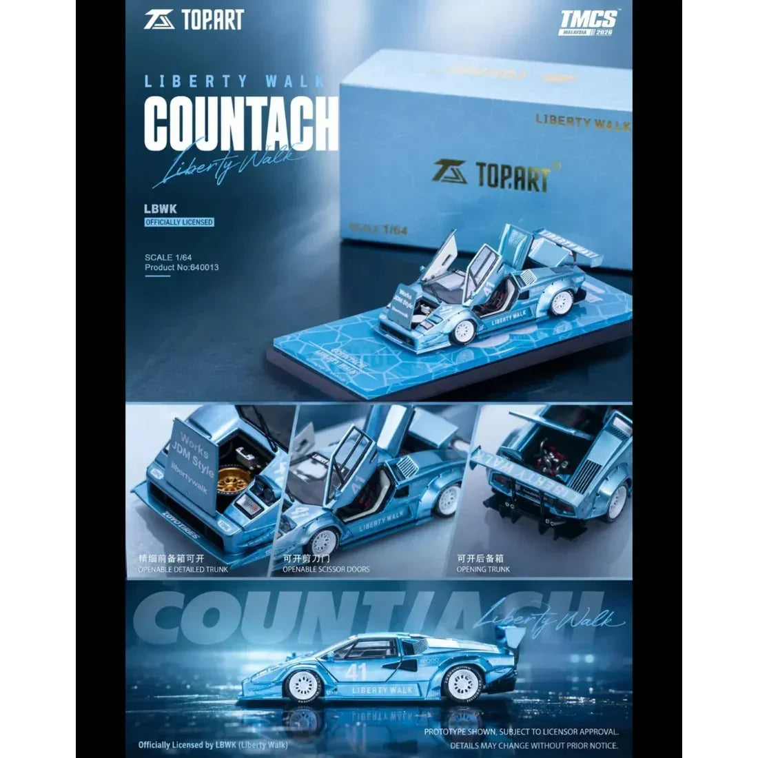 Premium scale diecast model car – *TMCS 2026* Liberty Walk Lamborghini Countach Widebody, 1:64 Scale (Blue) Collectible