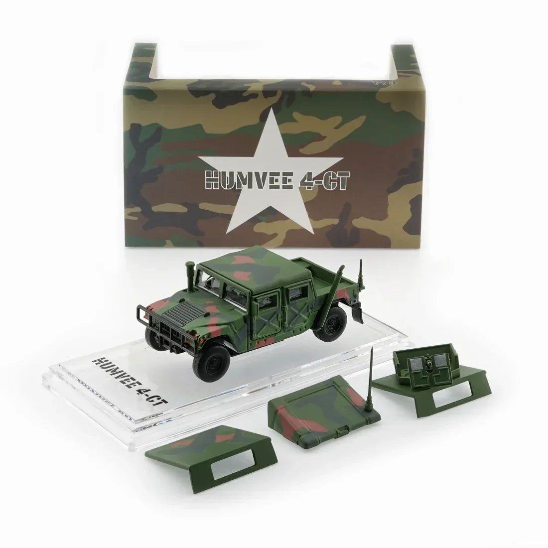 Premium scale diecast model car – Humvee 4-CT Woodlan Camo with Stand Plate, 1:64 Scale Collectible