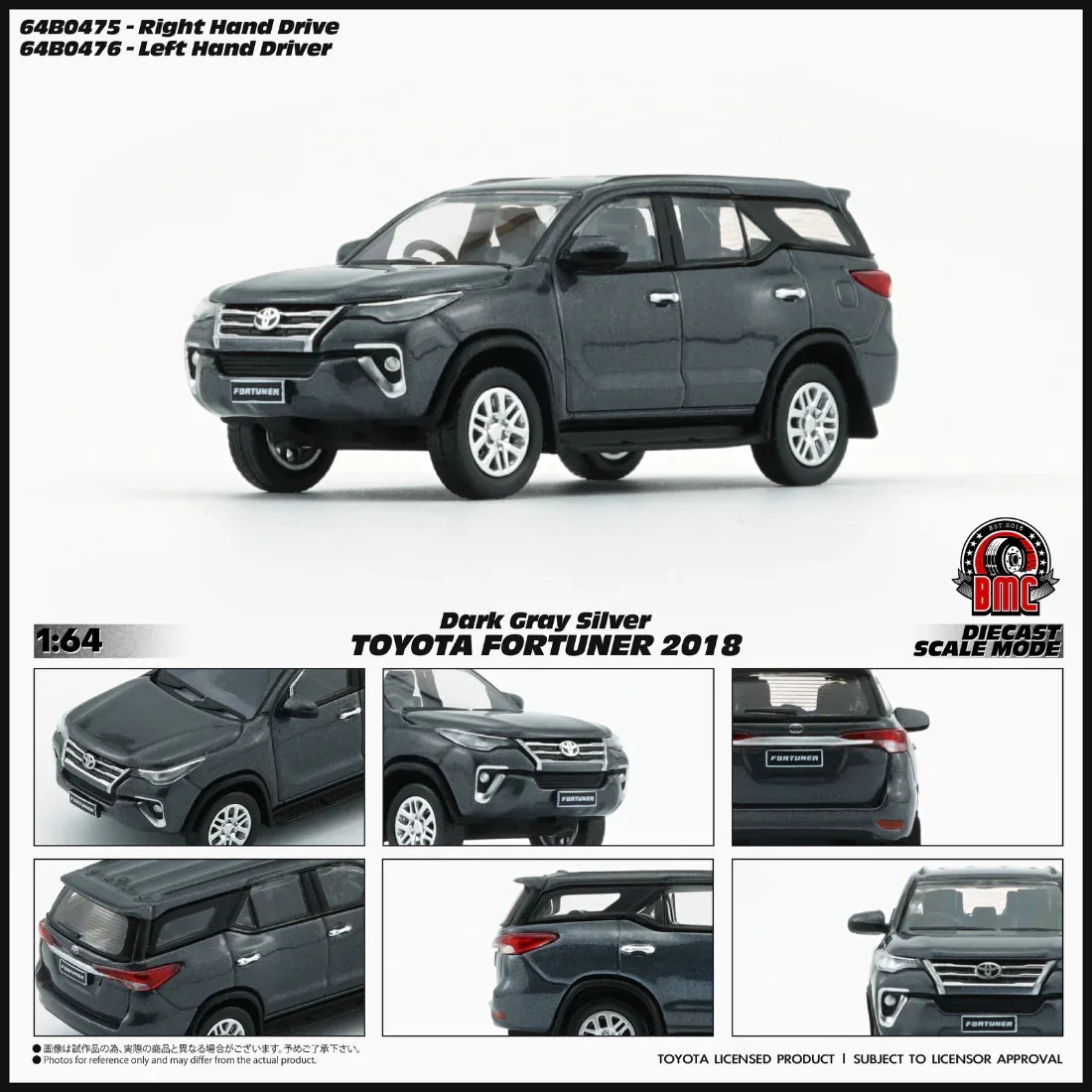 Premium scale diecast model car – Toyota Fortuner 2018, 1:64 Scale (Silver) Collectible