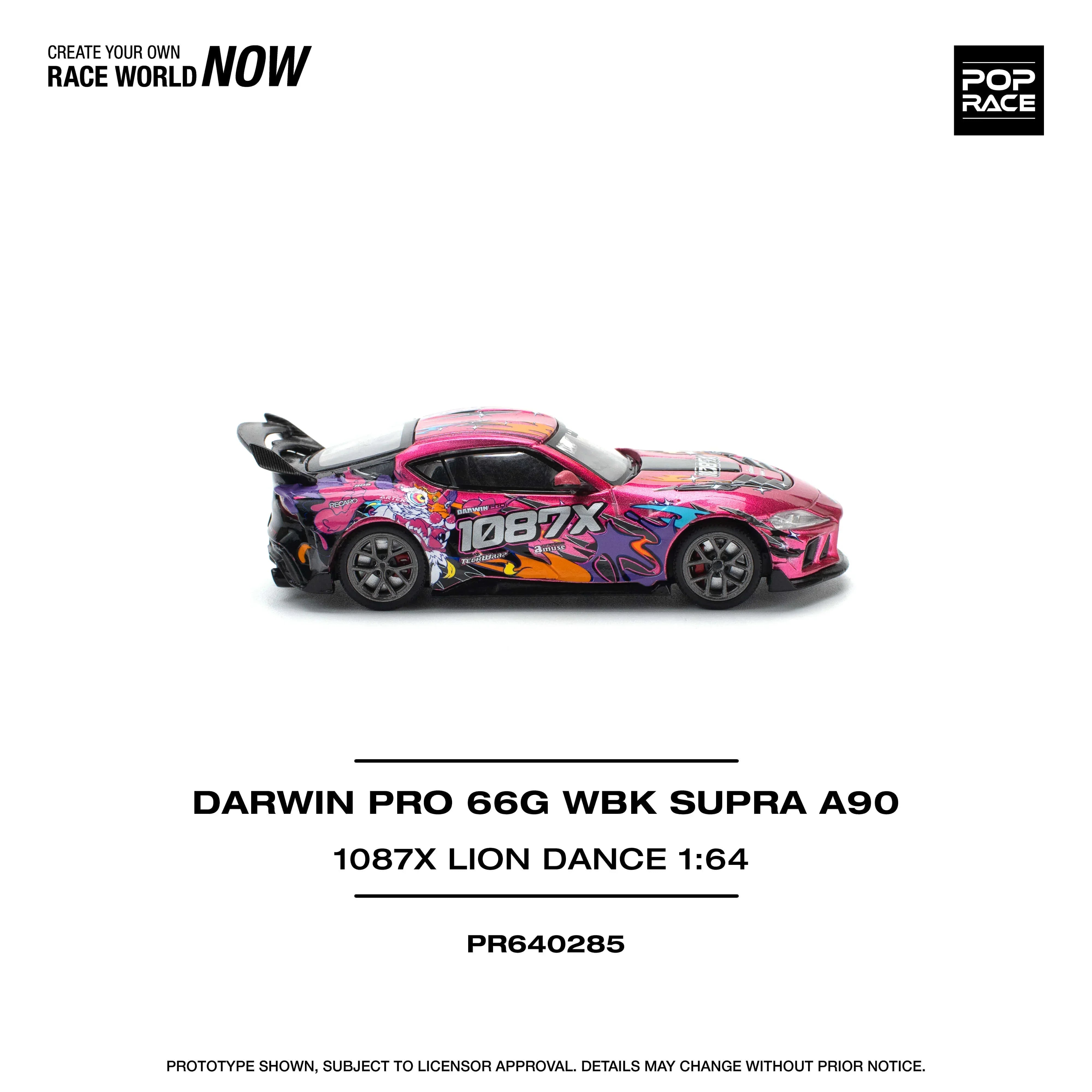 Premium scale diecast model car – Darwin Pro 66G Wbk Supra A 90-1087X Lion Dance, 1:64 Scale (Pink) Collectible