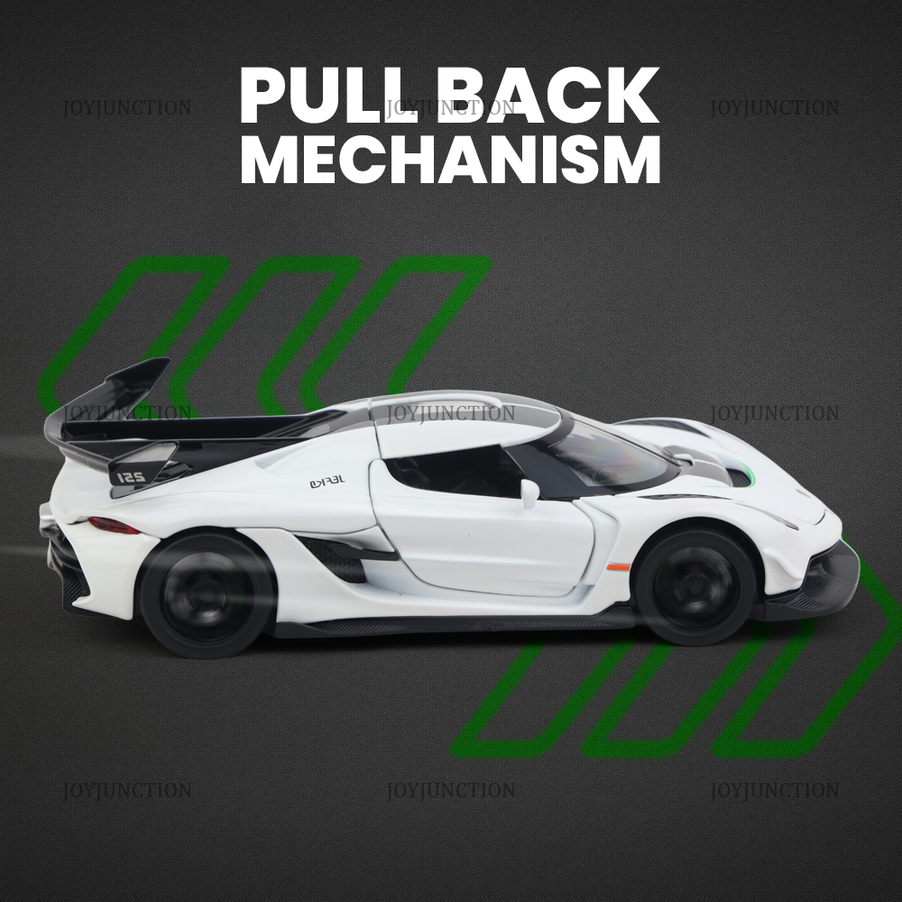 Koenigsegg Jesko Pullback Toy Car - Light, Sound with Openable Doors, 1:32 Scale (White)
