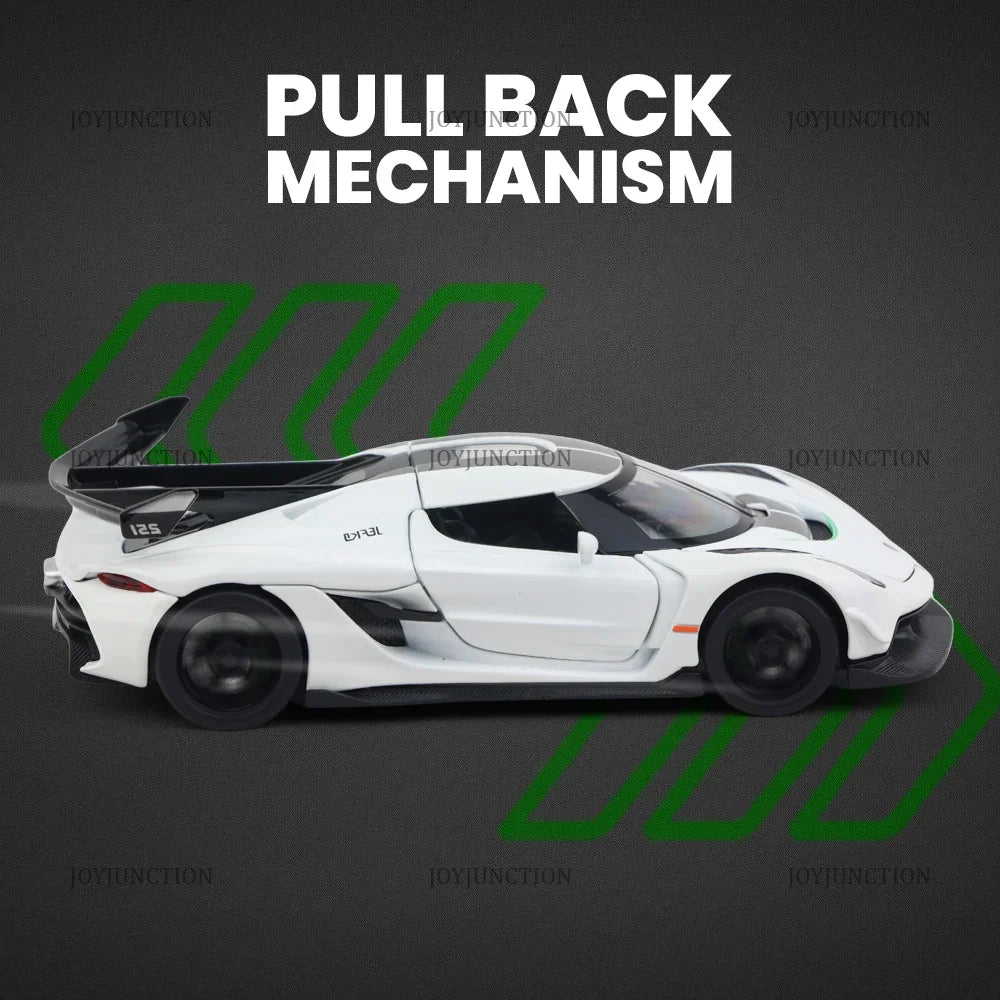Premium scale diecast model car – Koenigsegg Jesko Pullback Toy Car - Light, Sound with Openable Doors, 1:32 Scale (White) Collectible