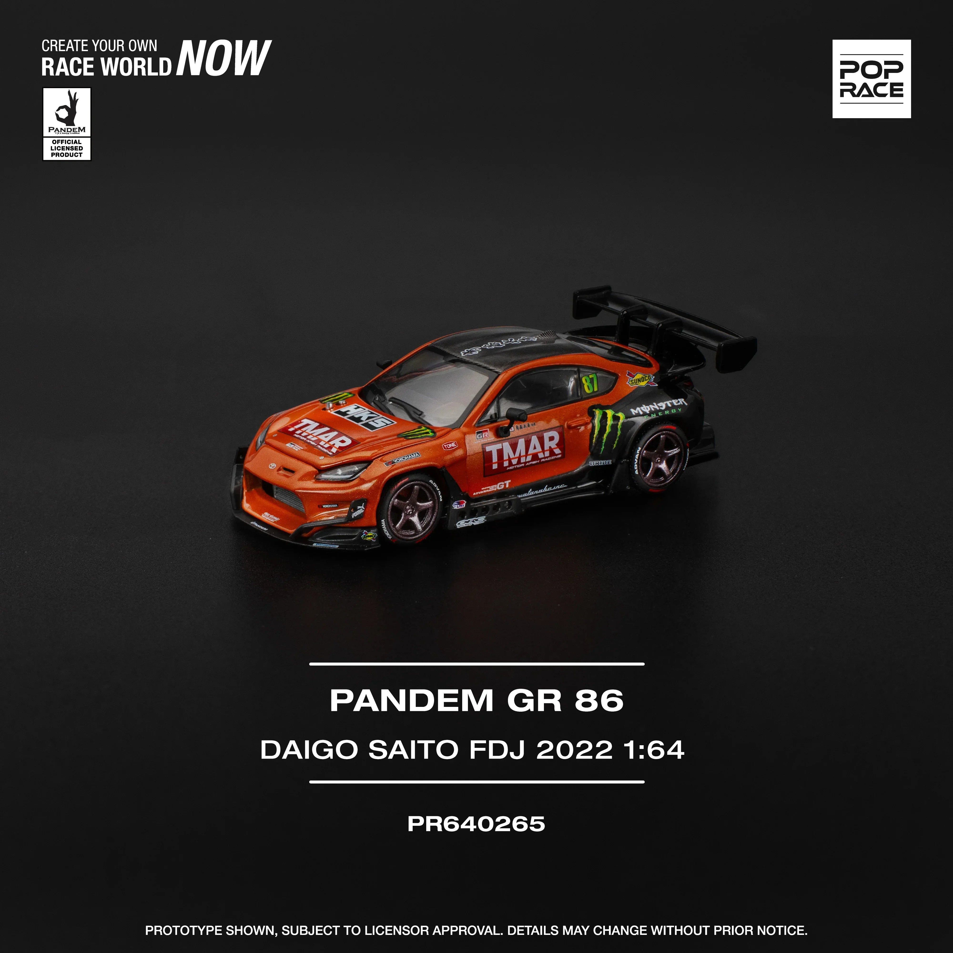 Premium scale diecast model car – Pandem GR86 - Daigo Saito FDJ 2022, 1:64 Scale (Orange) Collectible