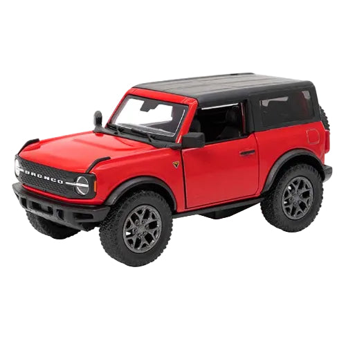 A red 1:46 scale KT5438WB 2022 Ford Bronco Hard Top die-cast model is shown from the front-left angle, featuring black trim and rugged tires against a white background.