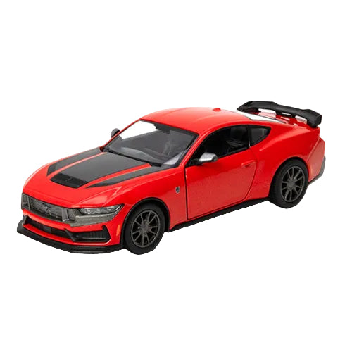 The KT5455W – 2024 Ford Mustang Dark Horse in red (1:46 scale) is displayed at a front-side angle with black racing stripes, wheels, and a rear spoiler on a white background—ideal for Kinsmart Cars collectors.