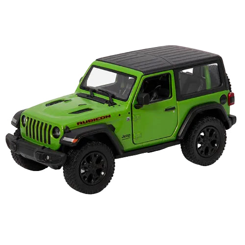 A 1:46 scale KT5412WB 2018 Jeep Wrangler (Hard Top) die-cast model in green, with black wheels and a black hardtop, by Kinsmart Cars, shown from the front-side on a white background.